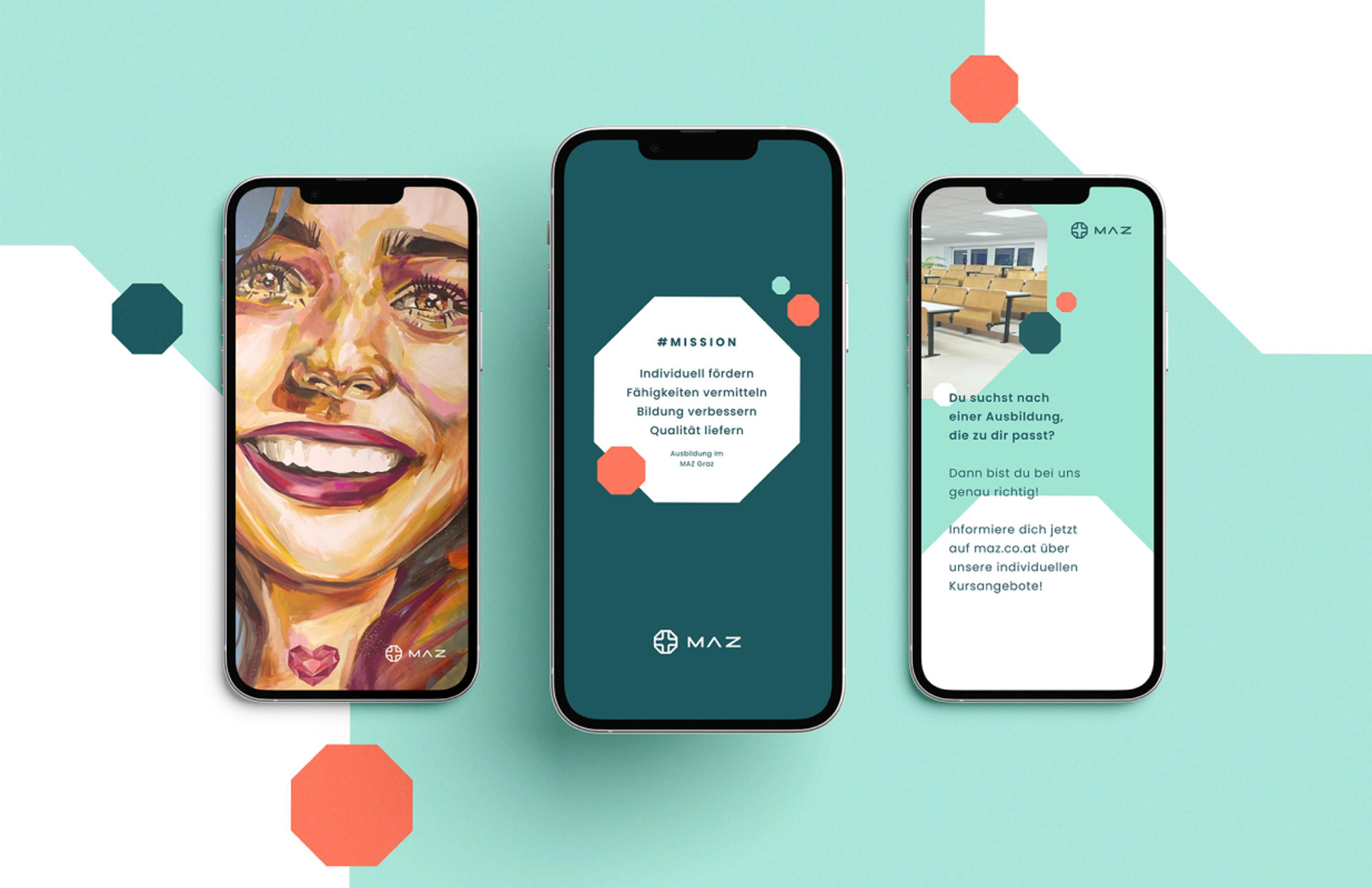 Drei Smartphones mit MAZ-Postings: Kunstmotiv, Mission-Statement, Kursangebot. Digitale Werbekampagne für medizinische Ausbildungen.