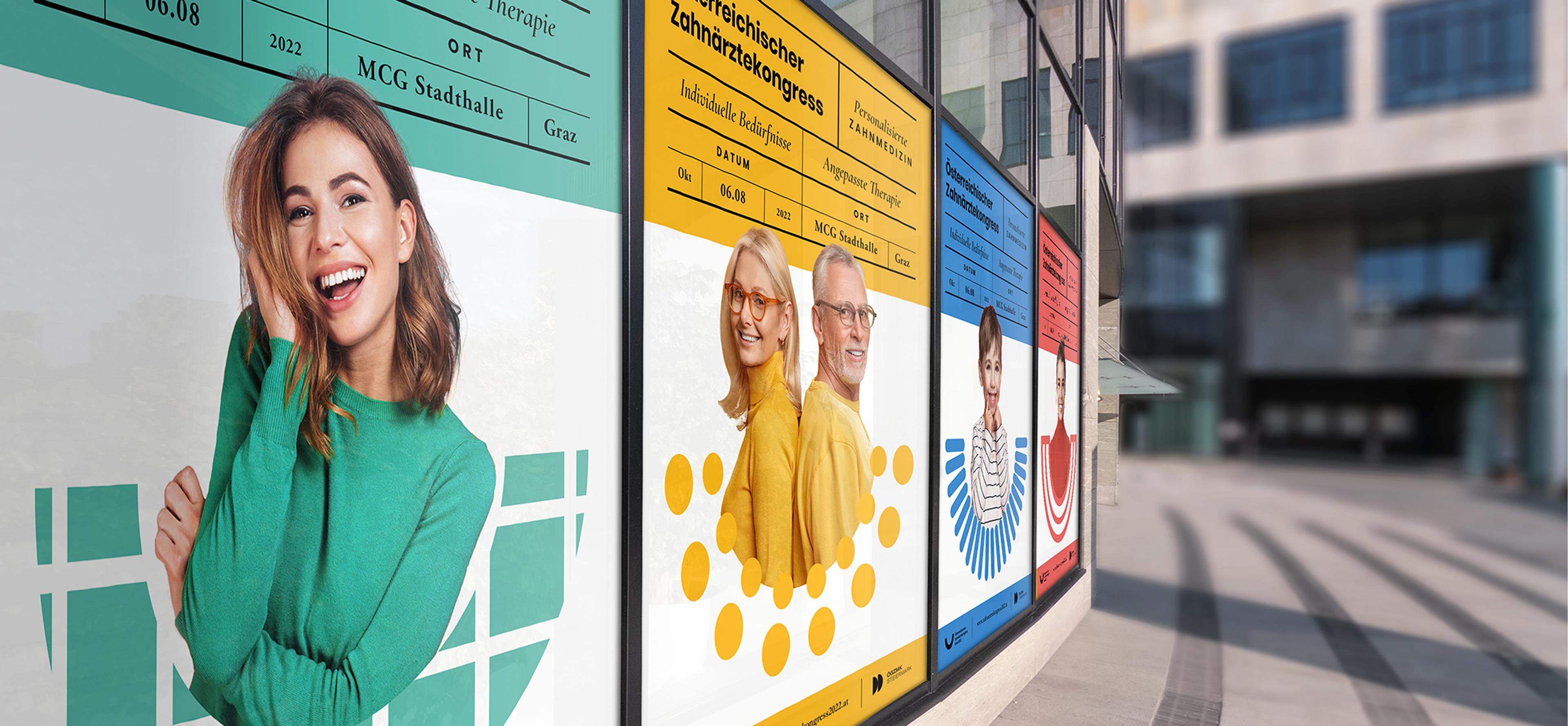 Farbenfrohe Außenwerbung für den Österreichischen Zahnärztekongress Graz 2022 mit großflächigen Plakaten an einer modernen Glasfassade, entworfen von Unverwartet Design.