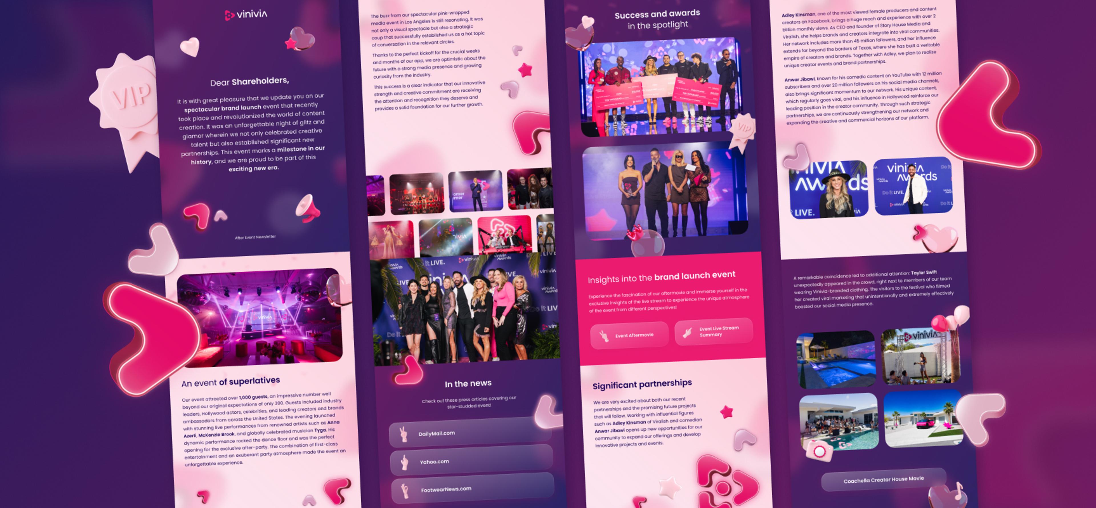 Gestalteter Vinivia-Newsletter in MailChimp und PDF-Format mit ansprechendem Layout, dynamischen Grafiken und visuellen Highlights des Vinivia-Brand Launch Events – Unerwartet Design