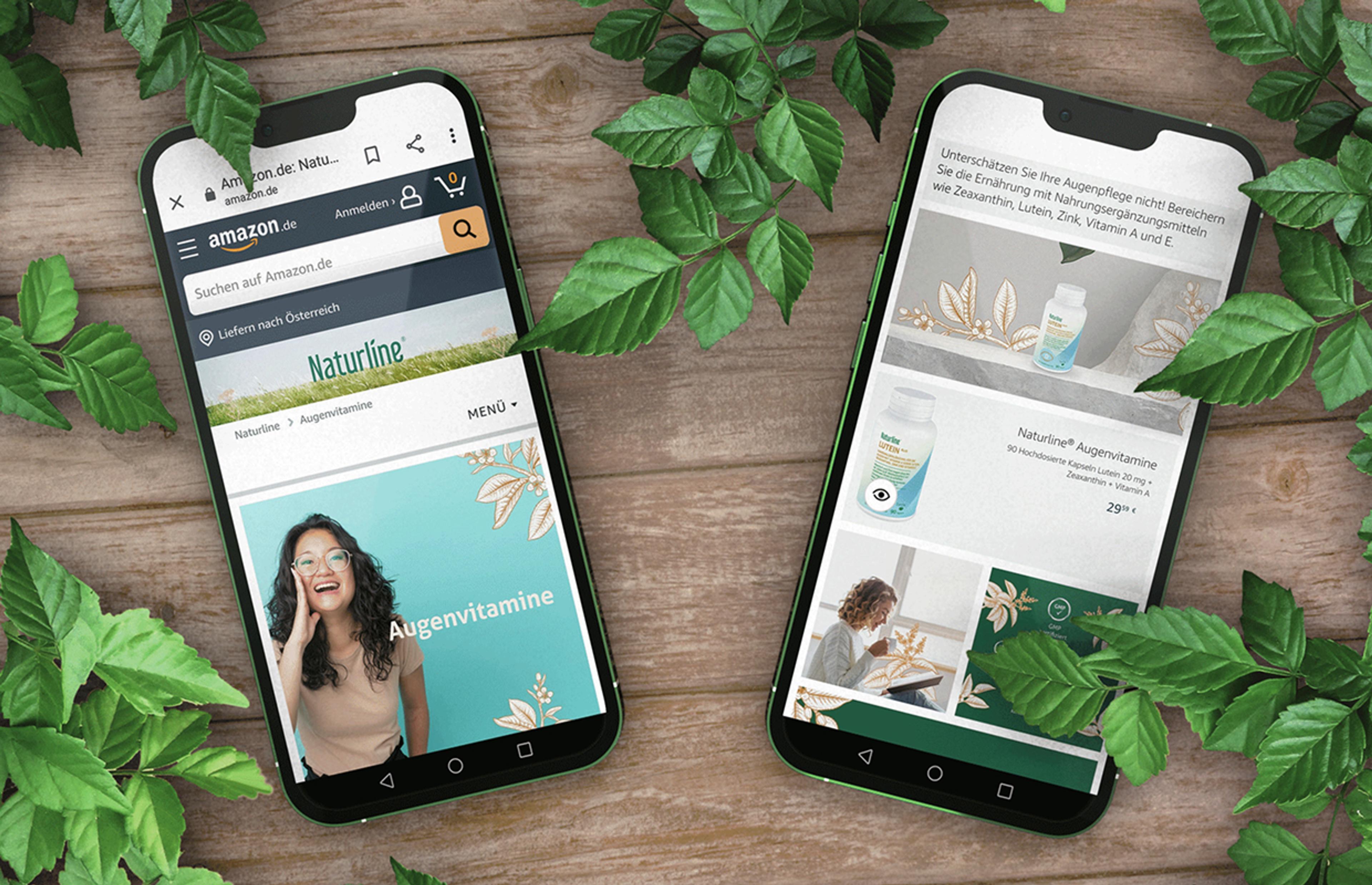 Naturline Storefront auf zwei Smartphones, mit Fokus auf Augenvitamine. Optimiertes mobiles Design mit frischer Farbpalette, natürlichen Designelementen und einer klaren, benutzerfreundlichen Navigation.