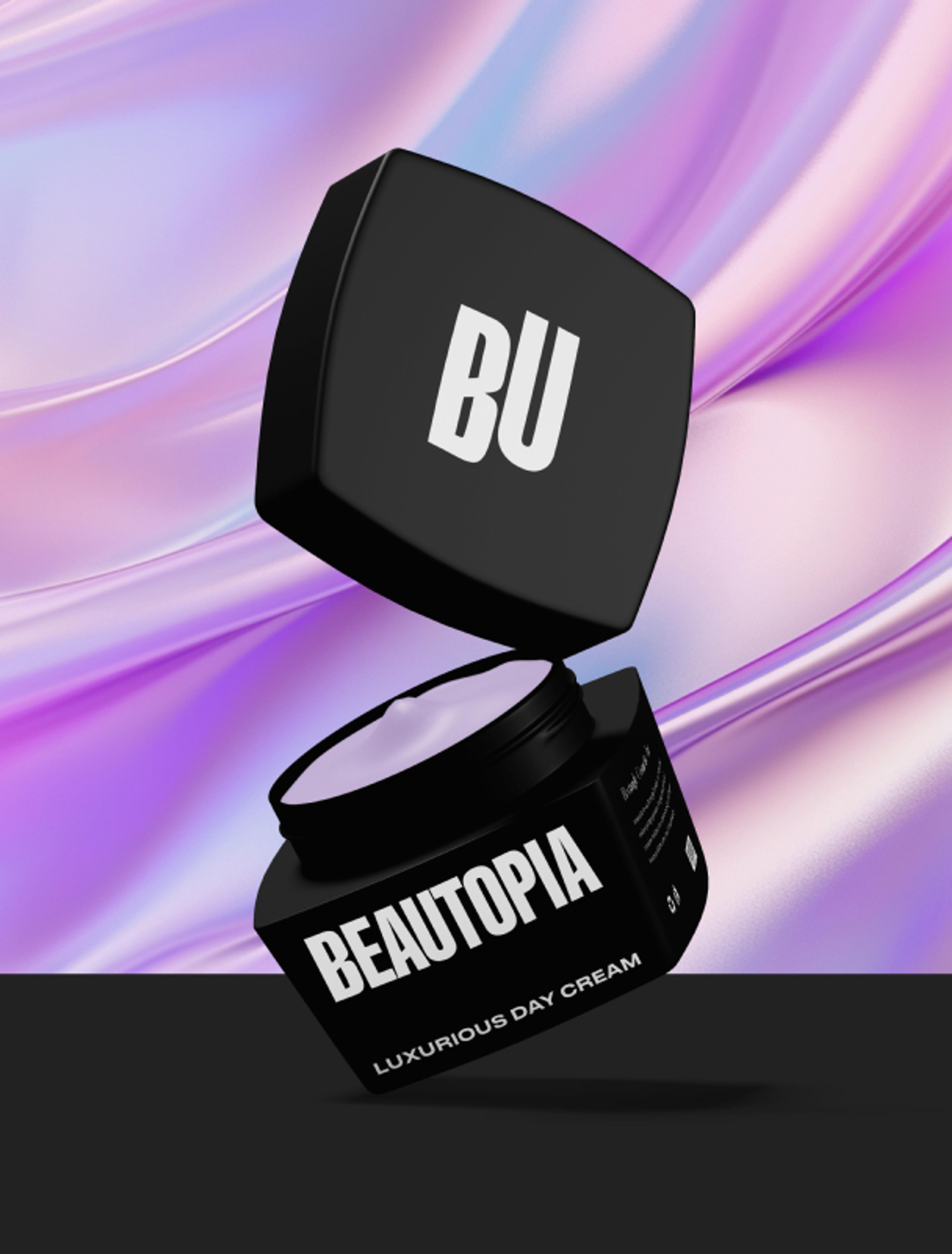 Hochwertige Produktverpackung für Beautopia, die modernes Branding mit luxuriösem Design kombiniert. Erstellt von Unerwartet Design, um das Beauty-Erlebnis auf ein neues Level zu heben.