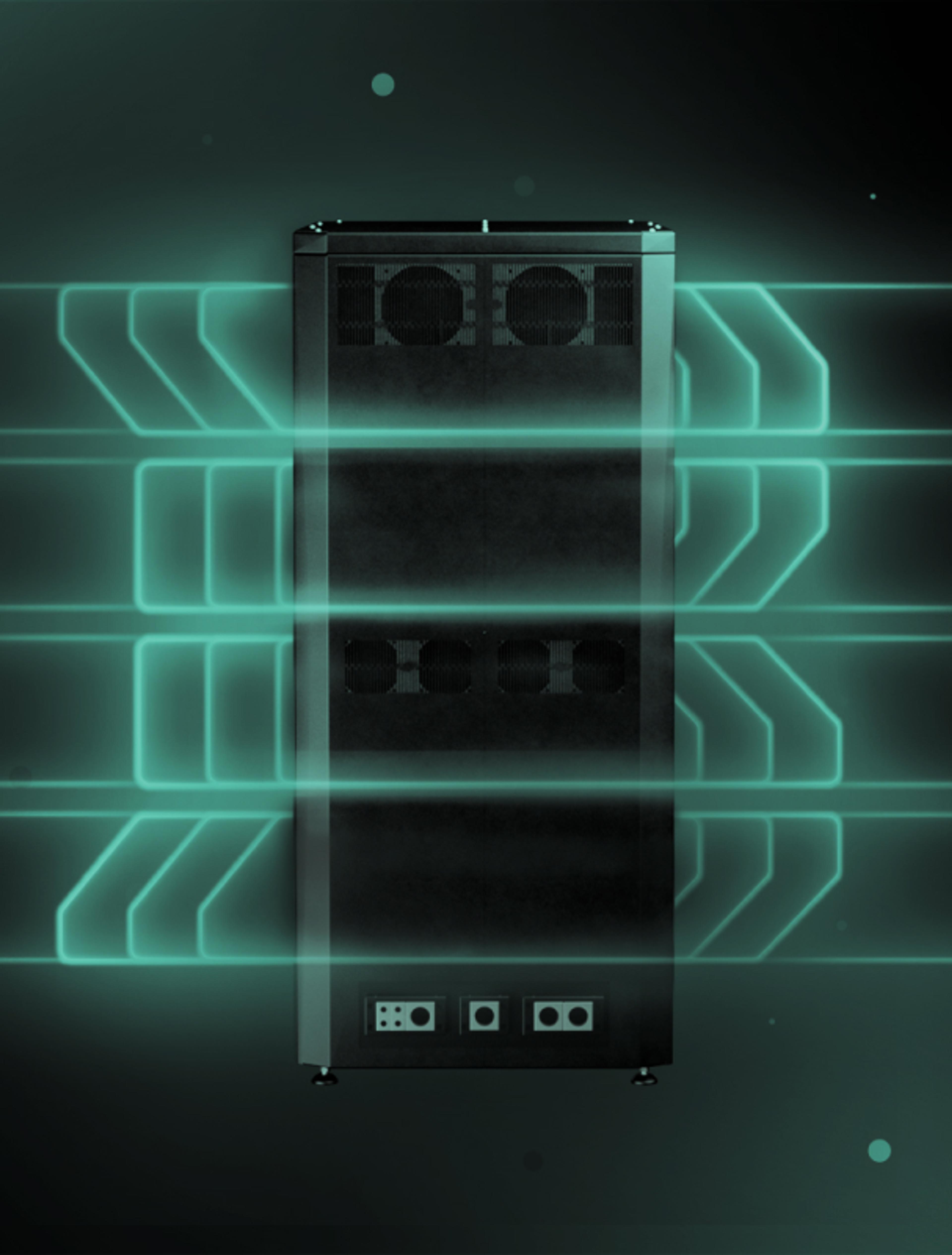 Rückansicht eines Batteriespeichers von Buron Energy Solutions mit futurärem leuchtenden Design und modularer Struktur.