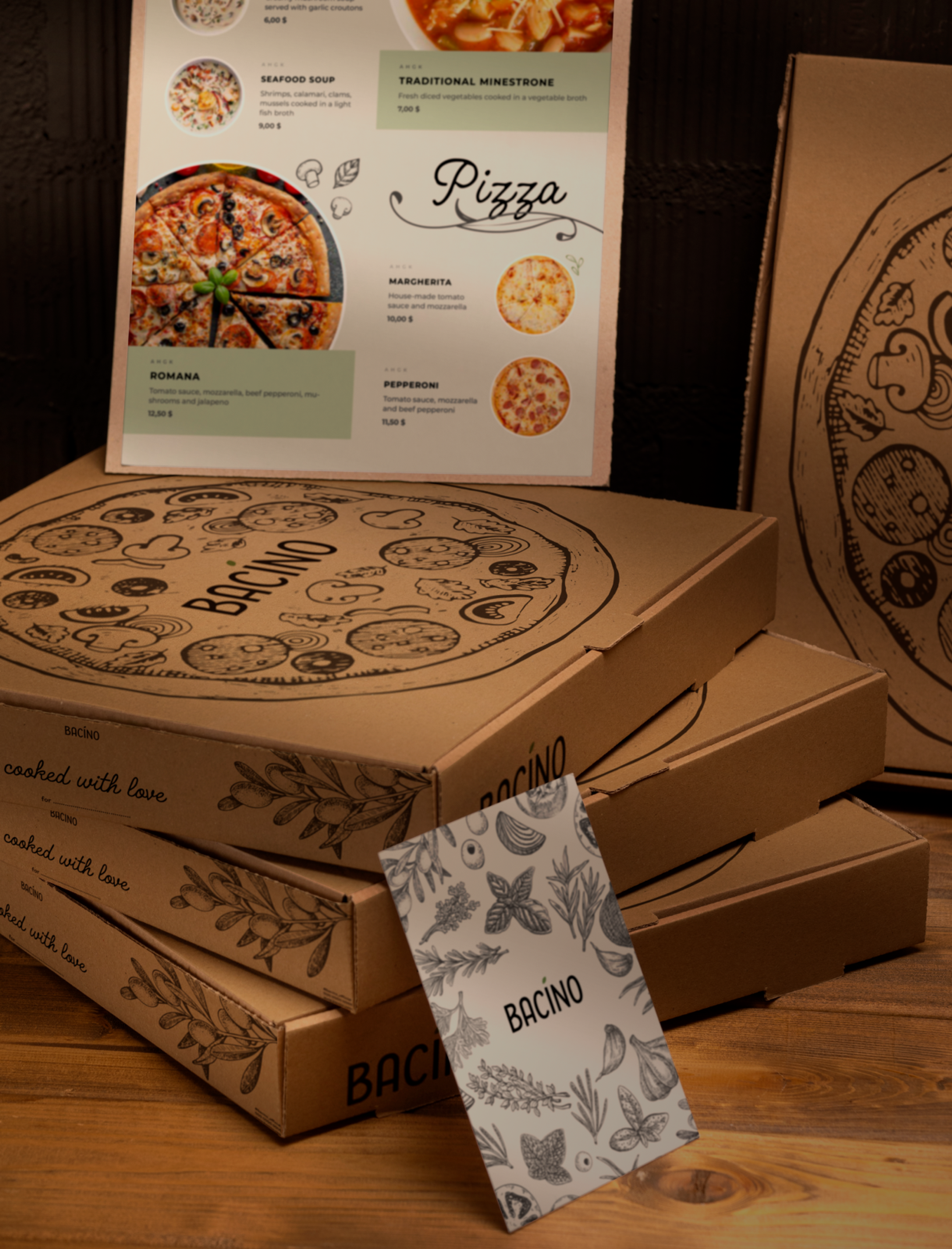 Pizzakartons und Menü von Bacino, stilvoll mit mediterranen Designs gestaltet.