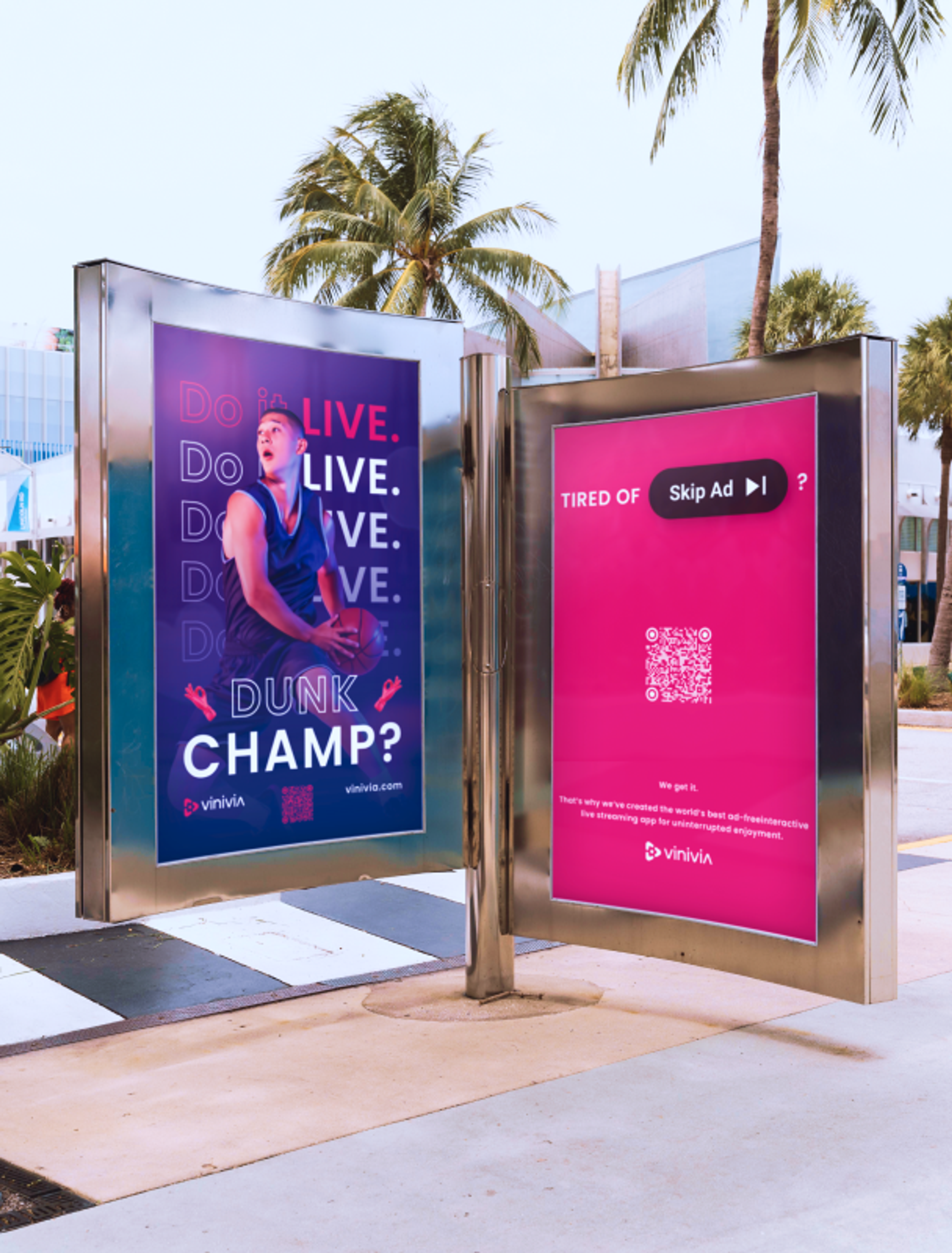 Bushaltestellen-Werbung in Los Angeles: 'Dunk Champ?' und 'Tired of Skip Ad?' Zwei Vinivia-Plakate richten sich an Sport- und Entertainment-Fans – Unerwartet Design