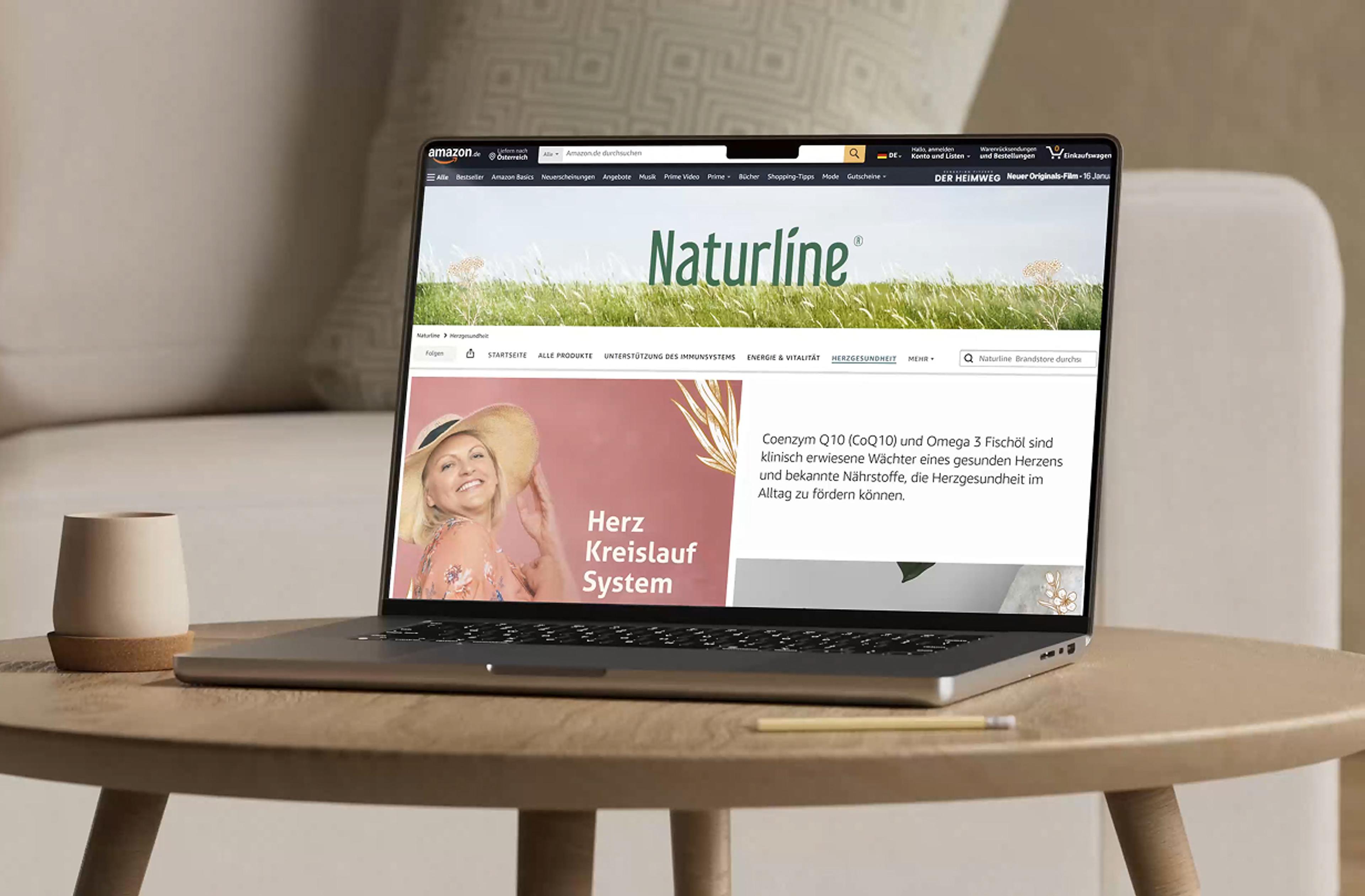 Naturline Storefront auf einem Laptop mit Schwerpunkt 'Herz-Kreislauf-System'. Sanfte Farben, harmonisches Design und wissenschaftlich fundierte Nahrungsergänzung für die Herzgesundheit.