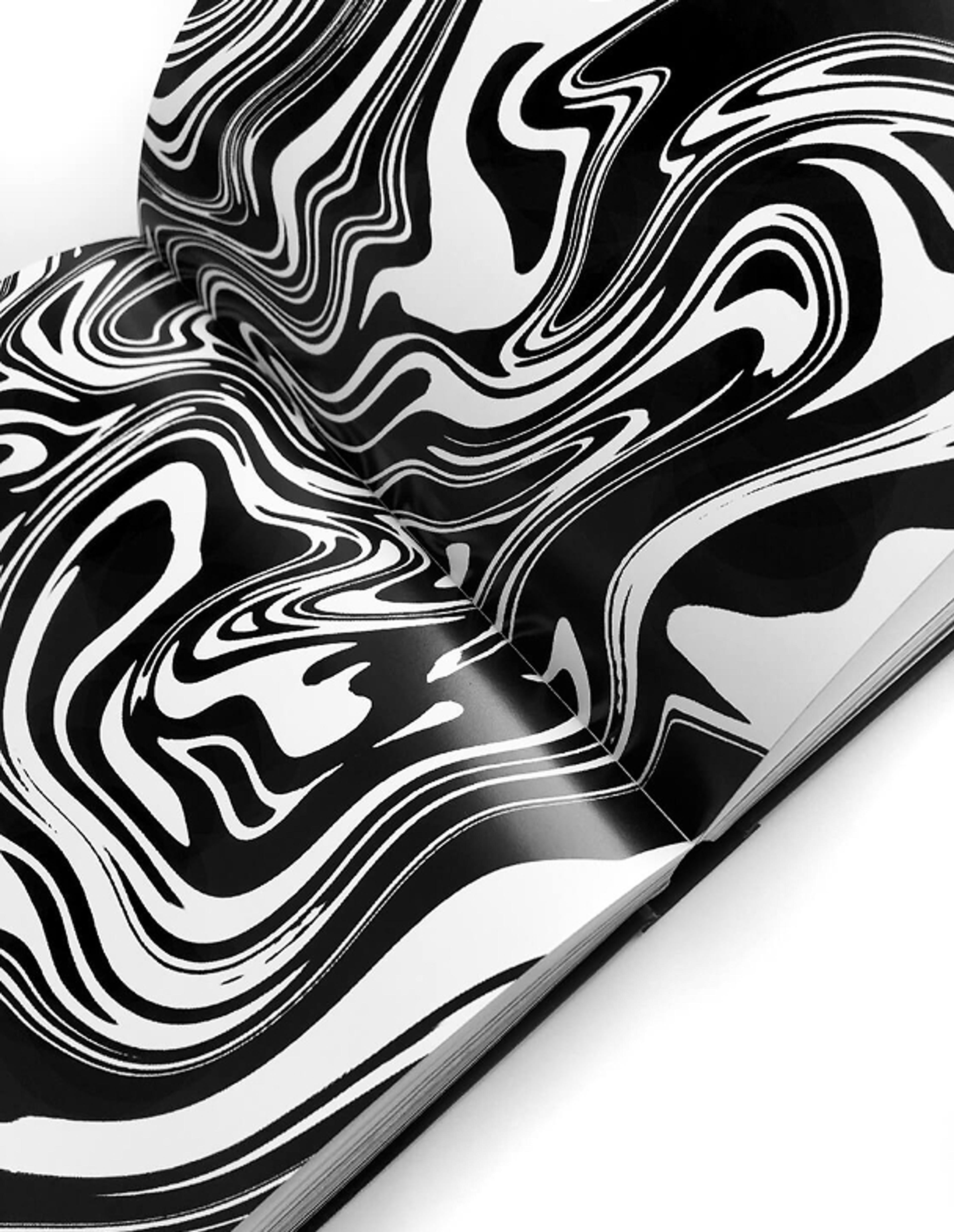 Doppelseitiges, verzerrtes Muster in Schwarz-Weiß, das an optische Täuschungen erinnert. Die fließenden Formen erzeugen eine starke visuelle Wirkung.