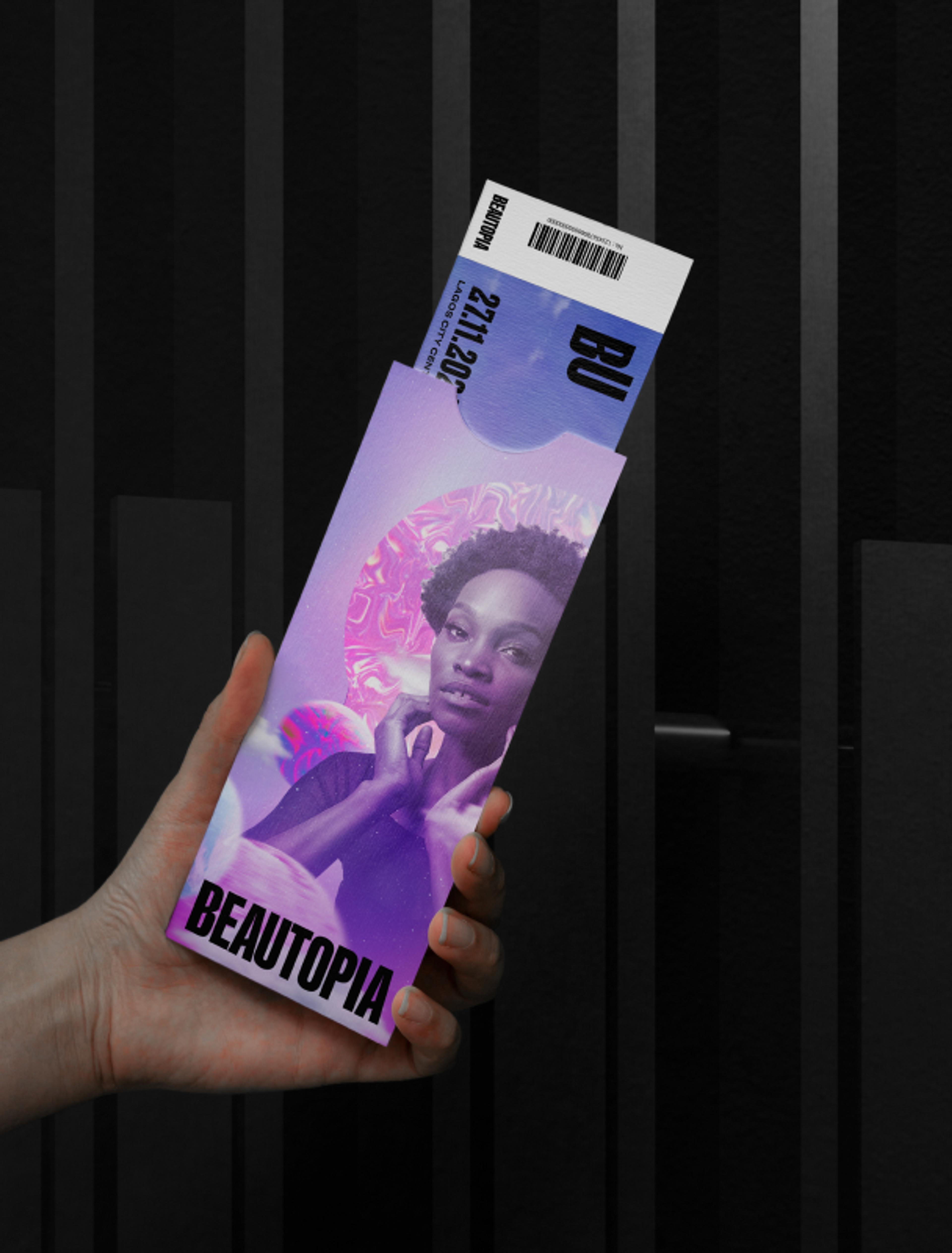 Ticket-Hülle mit modernem Branding-Design für Beautopia 2021, betont durch inspirierende, feminine Motive – von Unerwartet Design.