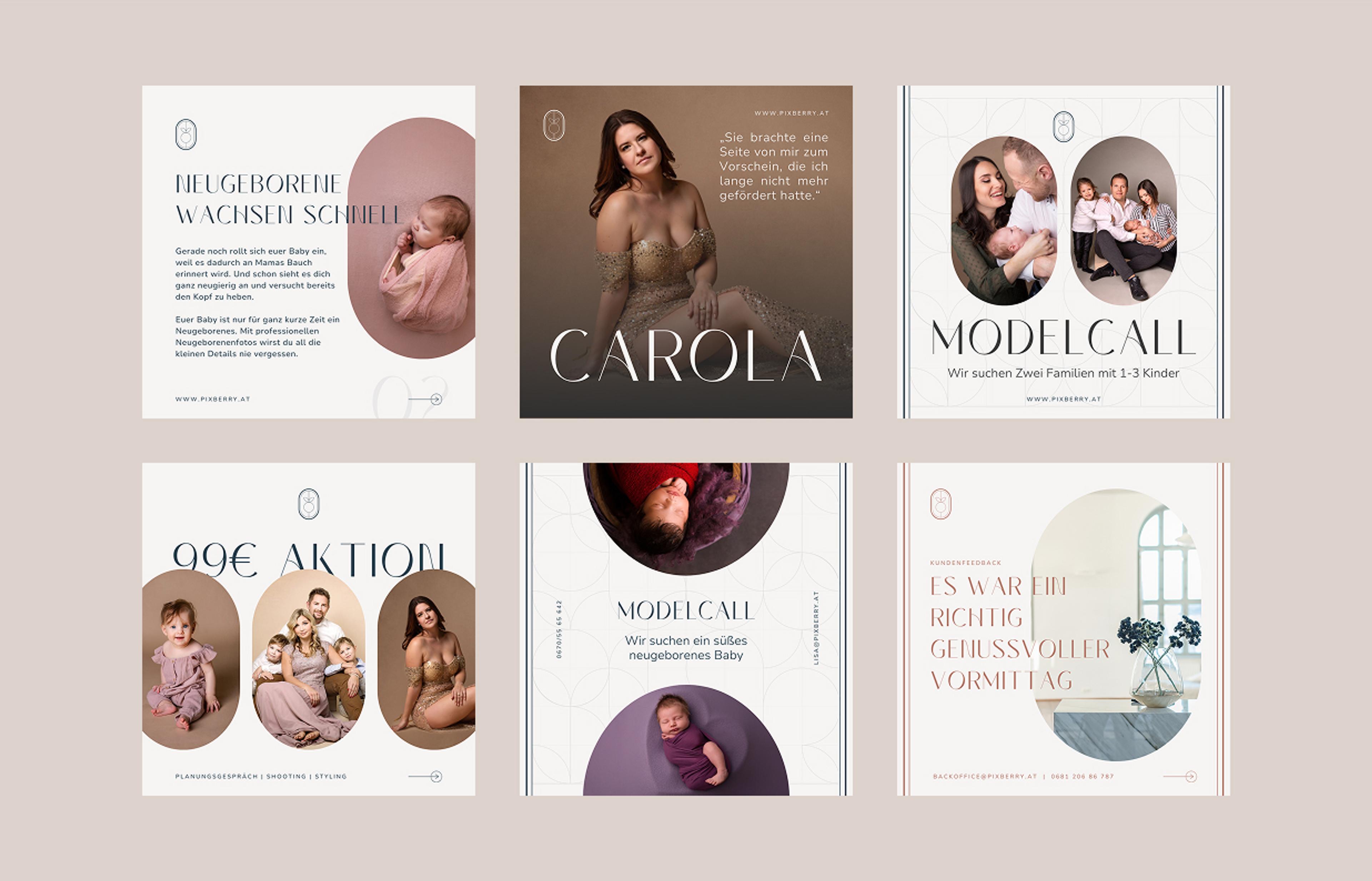 Übersicht von Pixberry Social Media Posts mit elegantem Design – Sechs stilvolle Social Media Grafiken mit sanften Farben und modernem Typografie-Design, darunter Neugeborenenfotografie, Modelaufruf und Kundenfeedback.