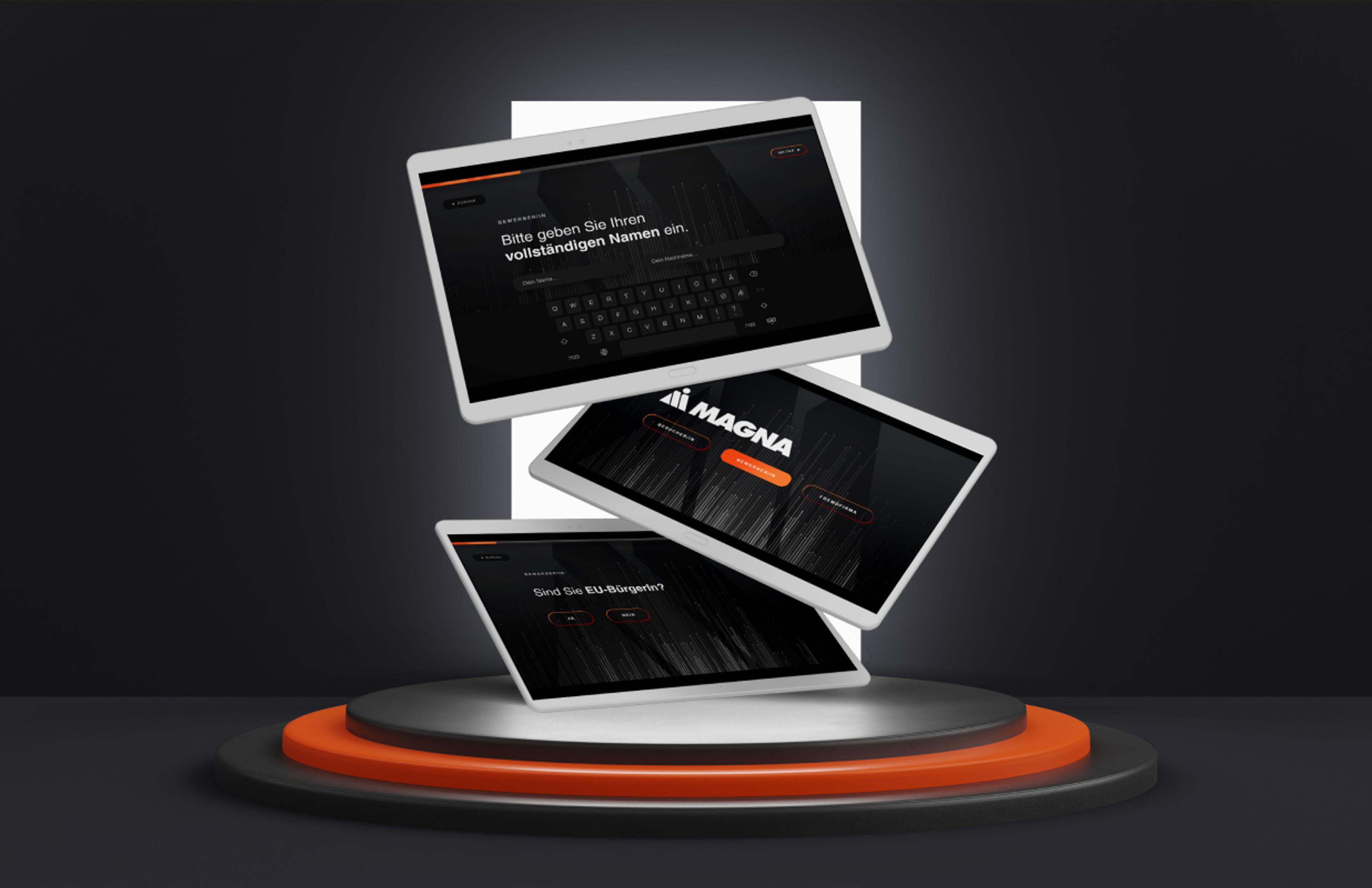 UX/UI Design des digitalen Eingangsportals für Magna: moderne Benutzeroberfläche mit klarer Struktur, dunklem Hintergrund und Branding – Unerwartet Design