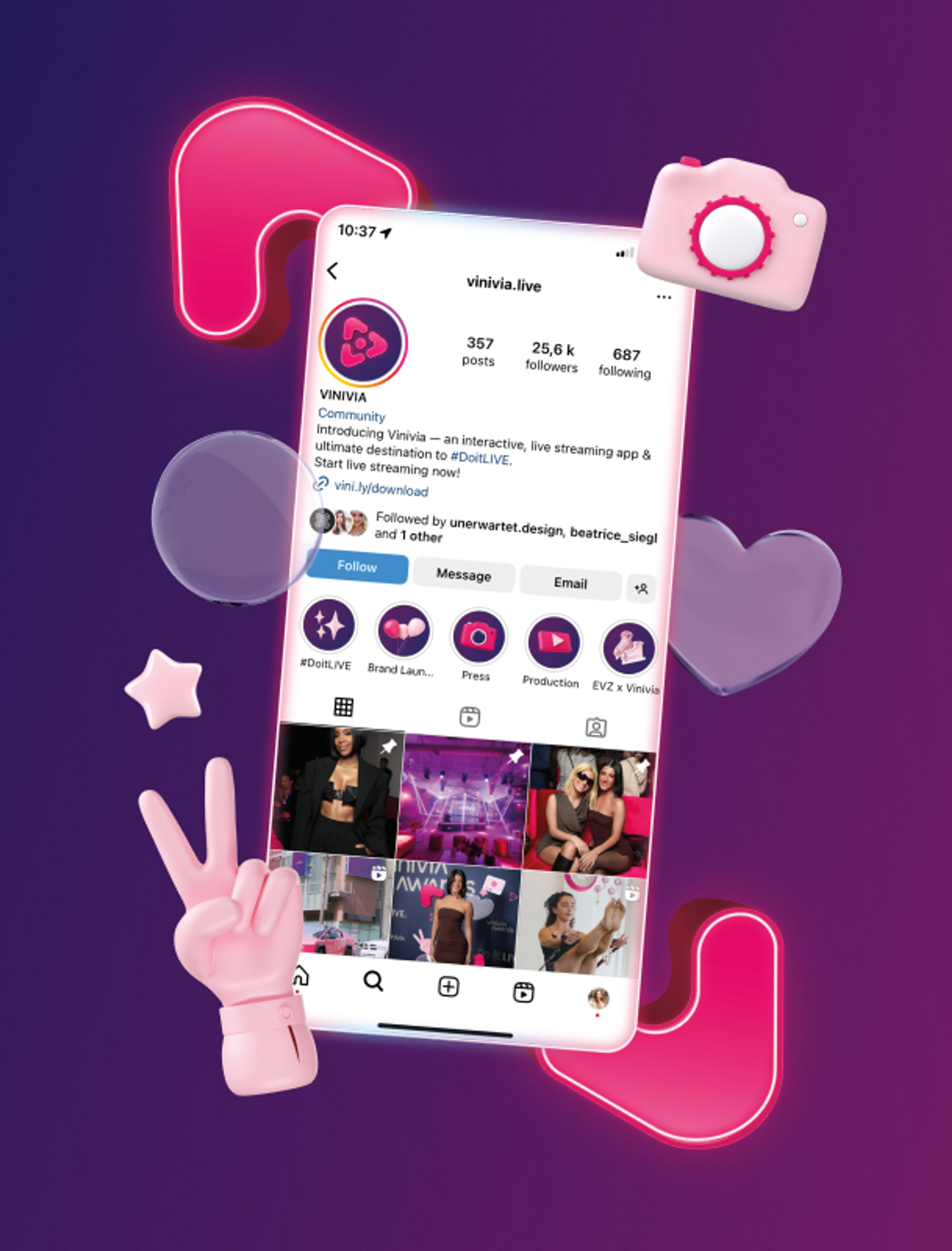 Social-Media-Darstellung der Vinivia Instagram-Seite auf einem Smartphone mit interaktiven 3D-Grafiken und markengetreuer Ästhetik – Unerwartet Design