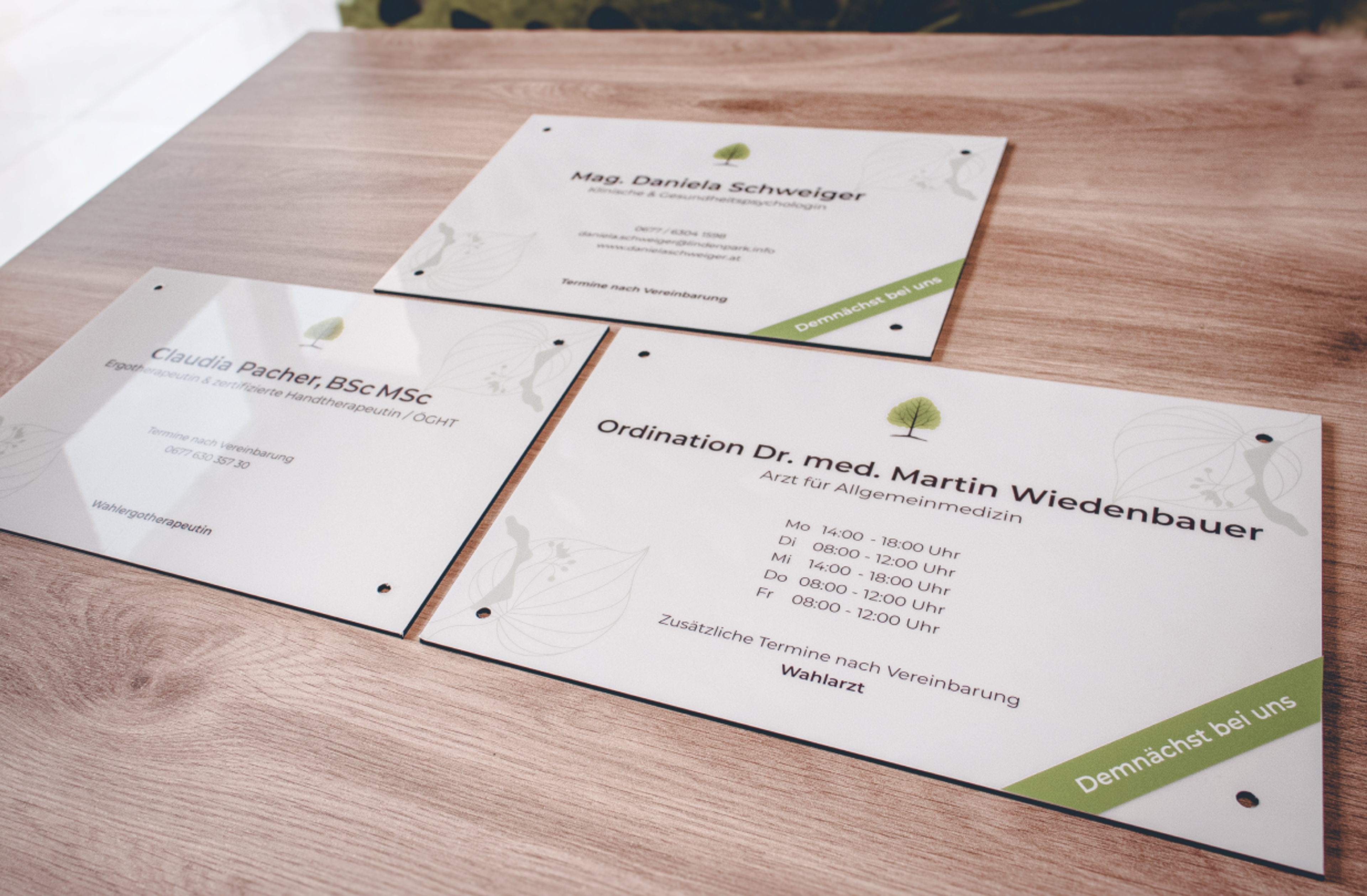 Logo & Grundkonzept BUCHER BRAND MARKETING e.U. Praxisschilder mit harmonischem Design und floralen Illustrationen für das Lindenpark Gesundheitszentrum, gestaltet von Unerwartet Design.