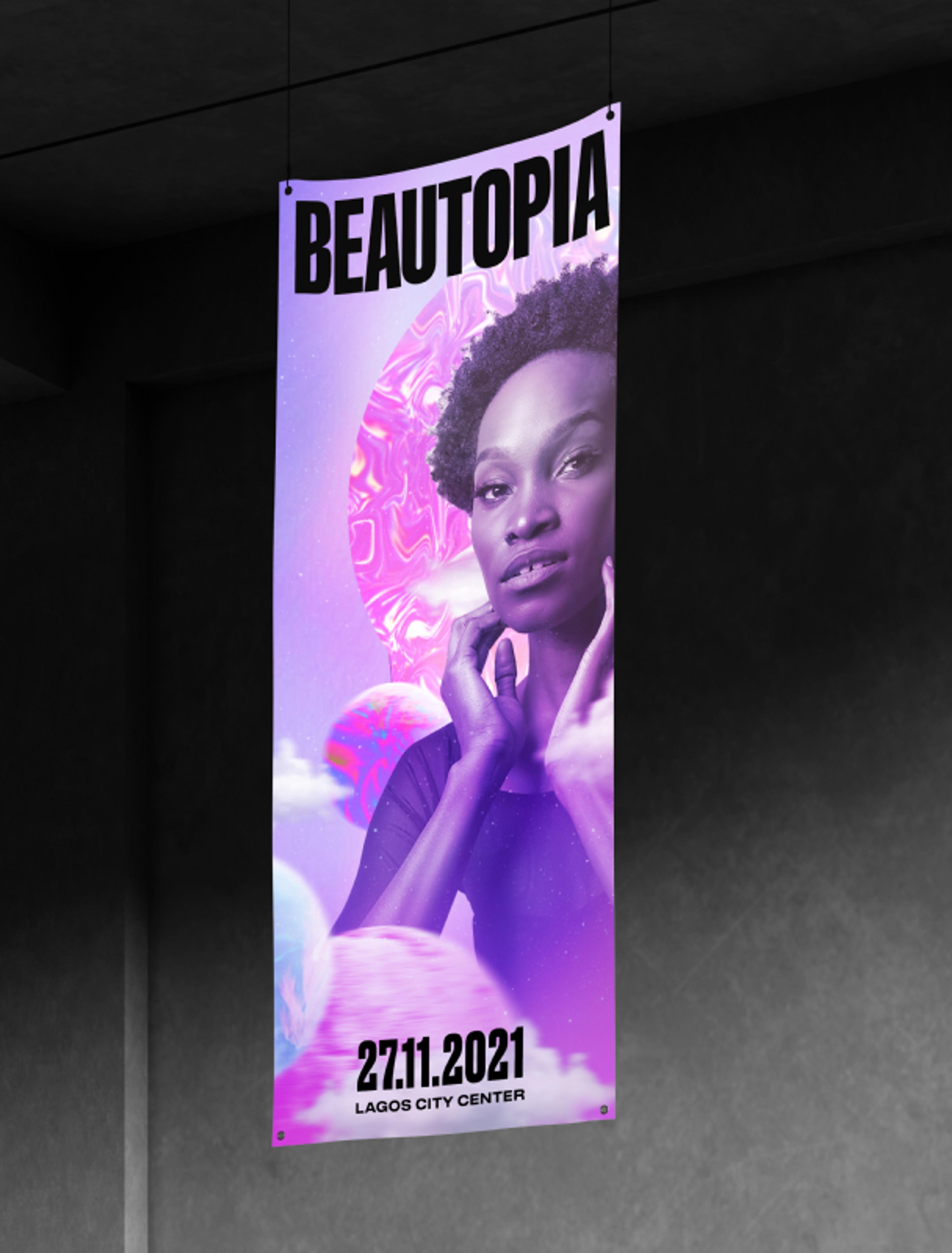 Beleuchtetes Bannerdesign für die Beautopia-Convention in Lagos, Nigeria. Entwickelt von Unerwartet Design, um starke visuelle Akzente und ein inspirierendes Markenbild zu schaffen.