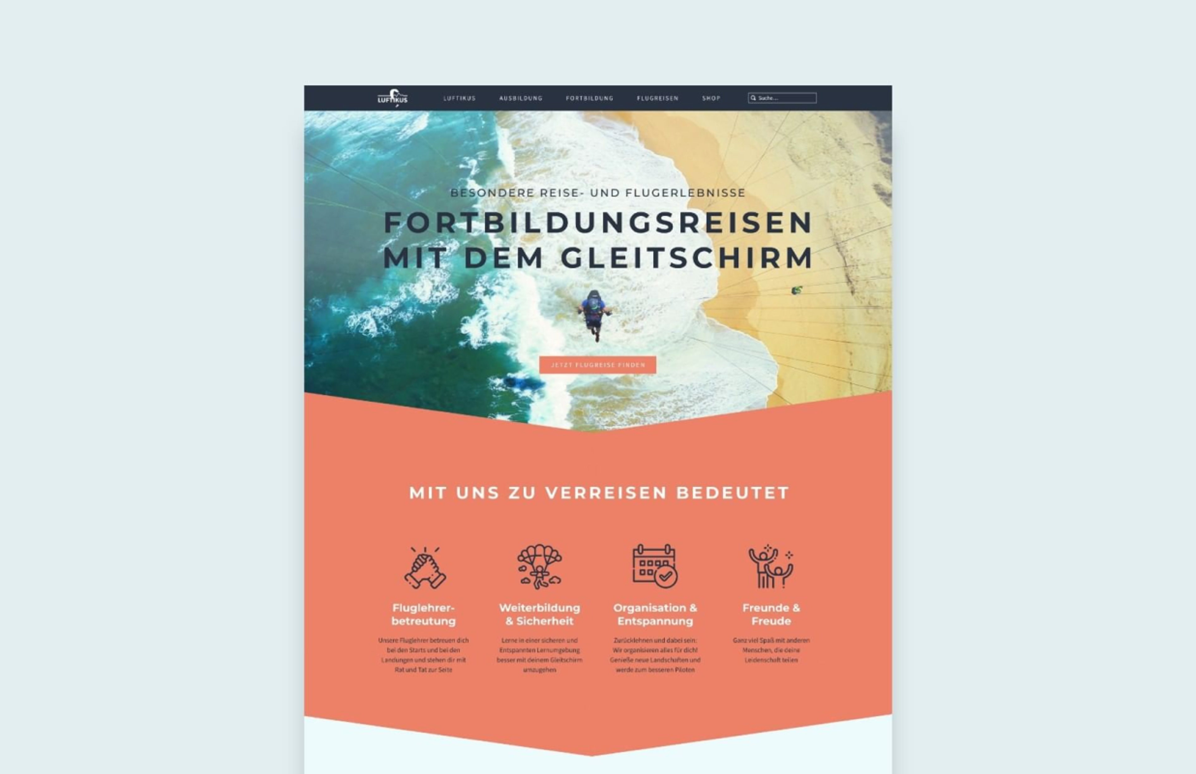 Landingpage-Design mit Fokus auf Fortbildungsreisen mit dem Gleitschirm für Luftikus, gestaltet von Unerwartet Design.