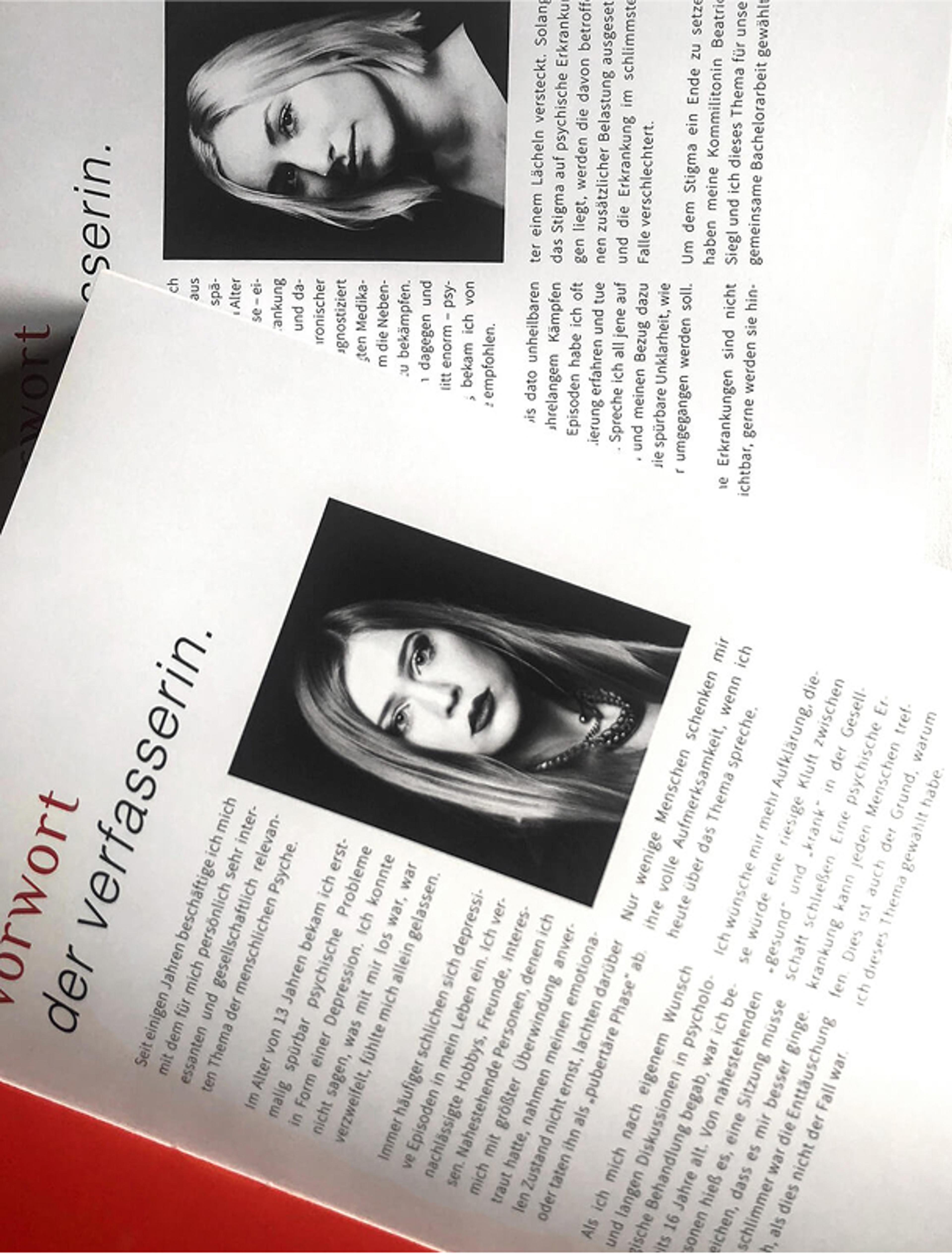 Schwarz-weiße Autorenfotos mit begleitendem Vorwort. Das Projekt von Beatrice Siegl setzt auf persönliche Erfahrungen, um psychische Gesundheit durch Design neu zu interpretieren.