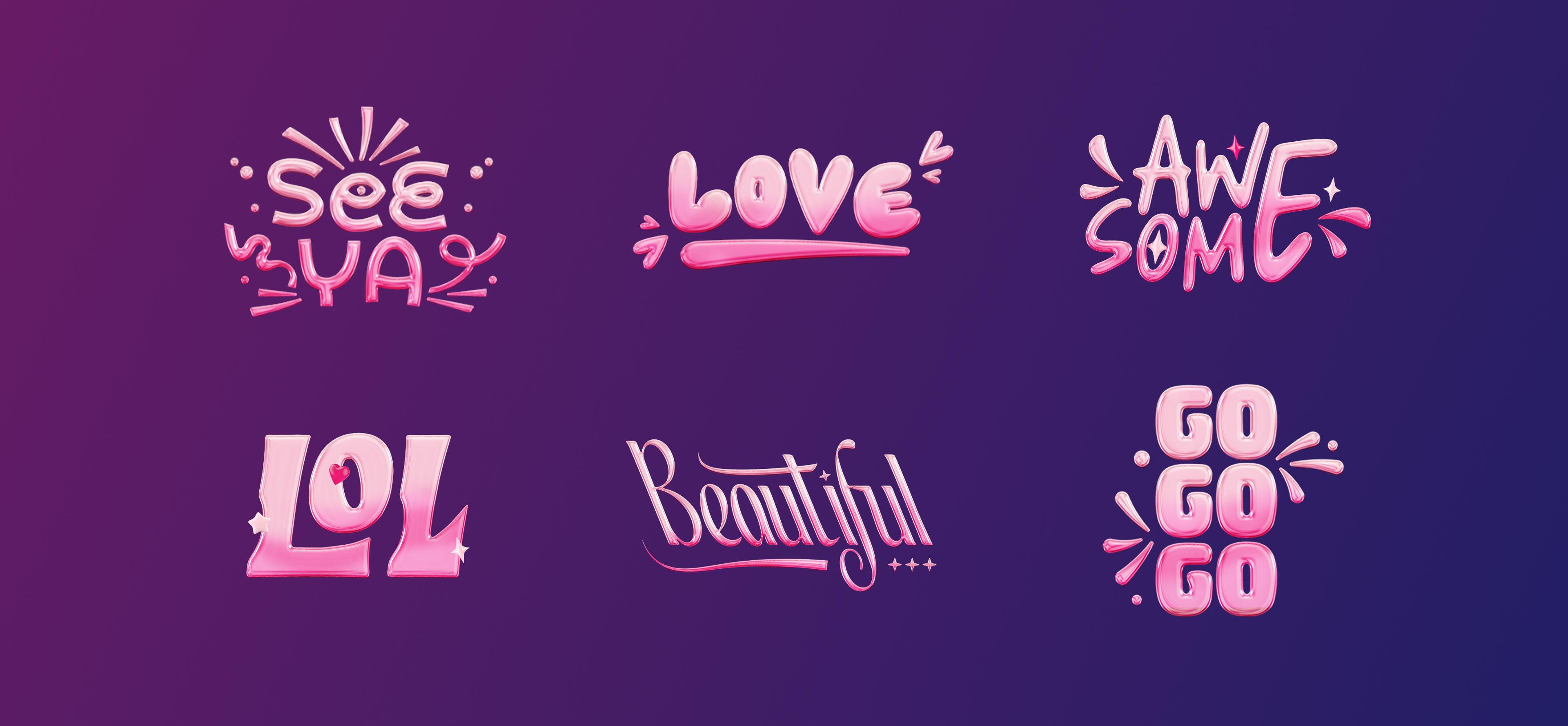 3D-Text-Visualisierung des Wortes 'Awesome' in leuchtendem Pink und Lila auf dunklem Hintergrund – Unerwartet Design