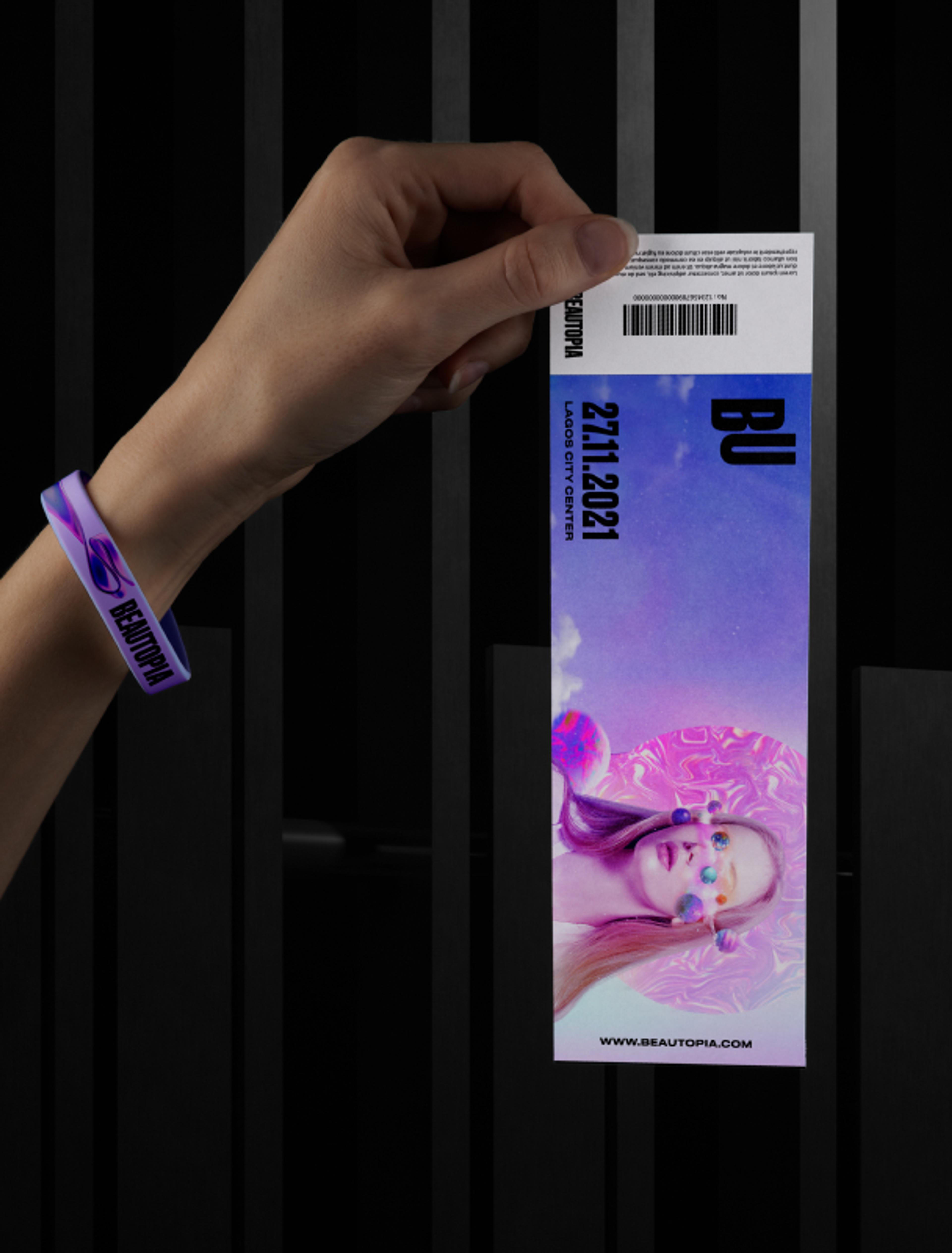 Modernes Ticketdesign in Lila für die Beautopia Convention 2021 in Lagos, entworfen von Unerwartet Design – perfekt für Event Branding.