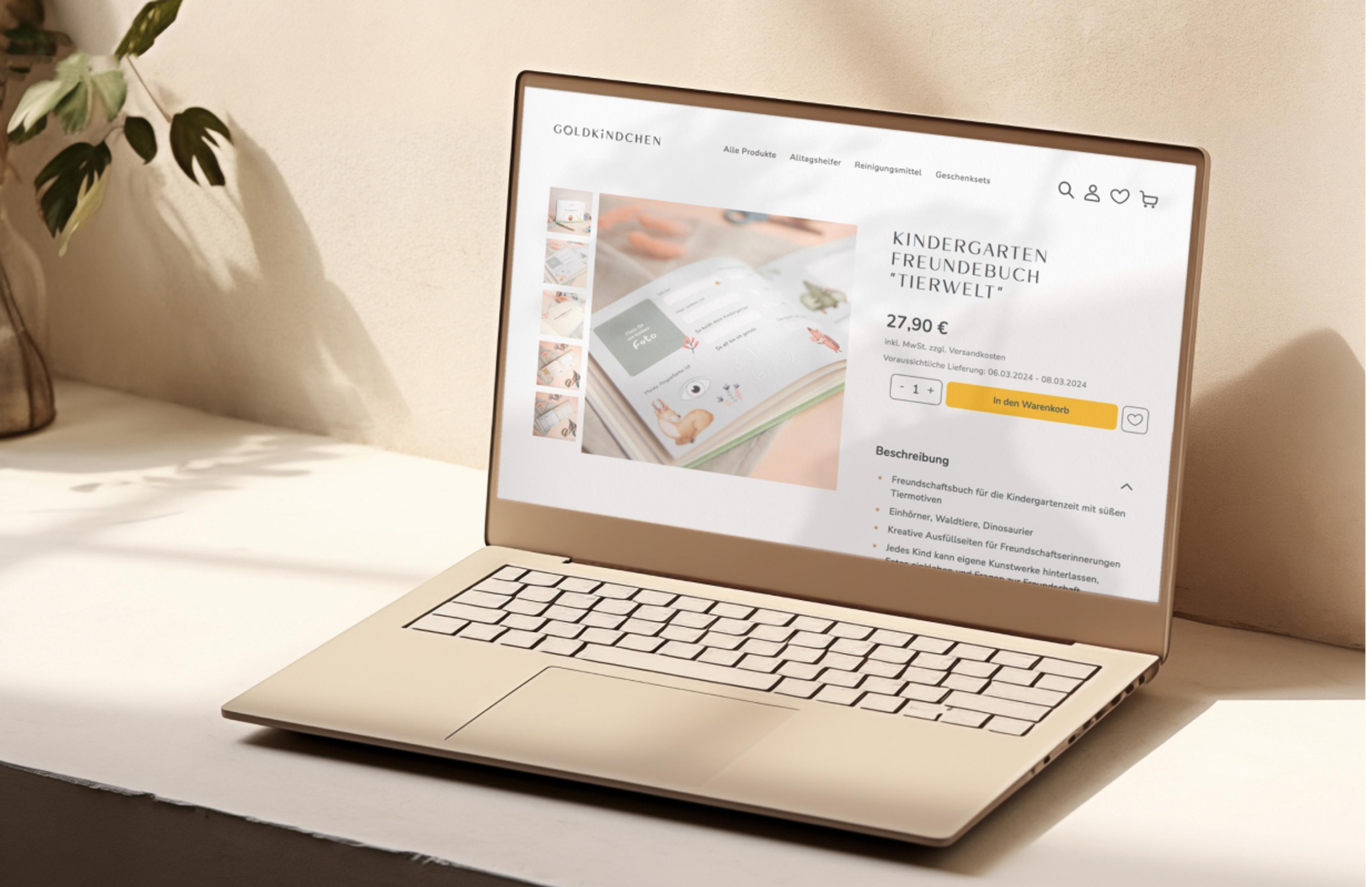 Produktseite des Goldkindchen-Webshops für das Kindergarten-Freundebuch mit hochwertigem UI/UX-Design gestaltet von Unerwartet Design.