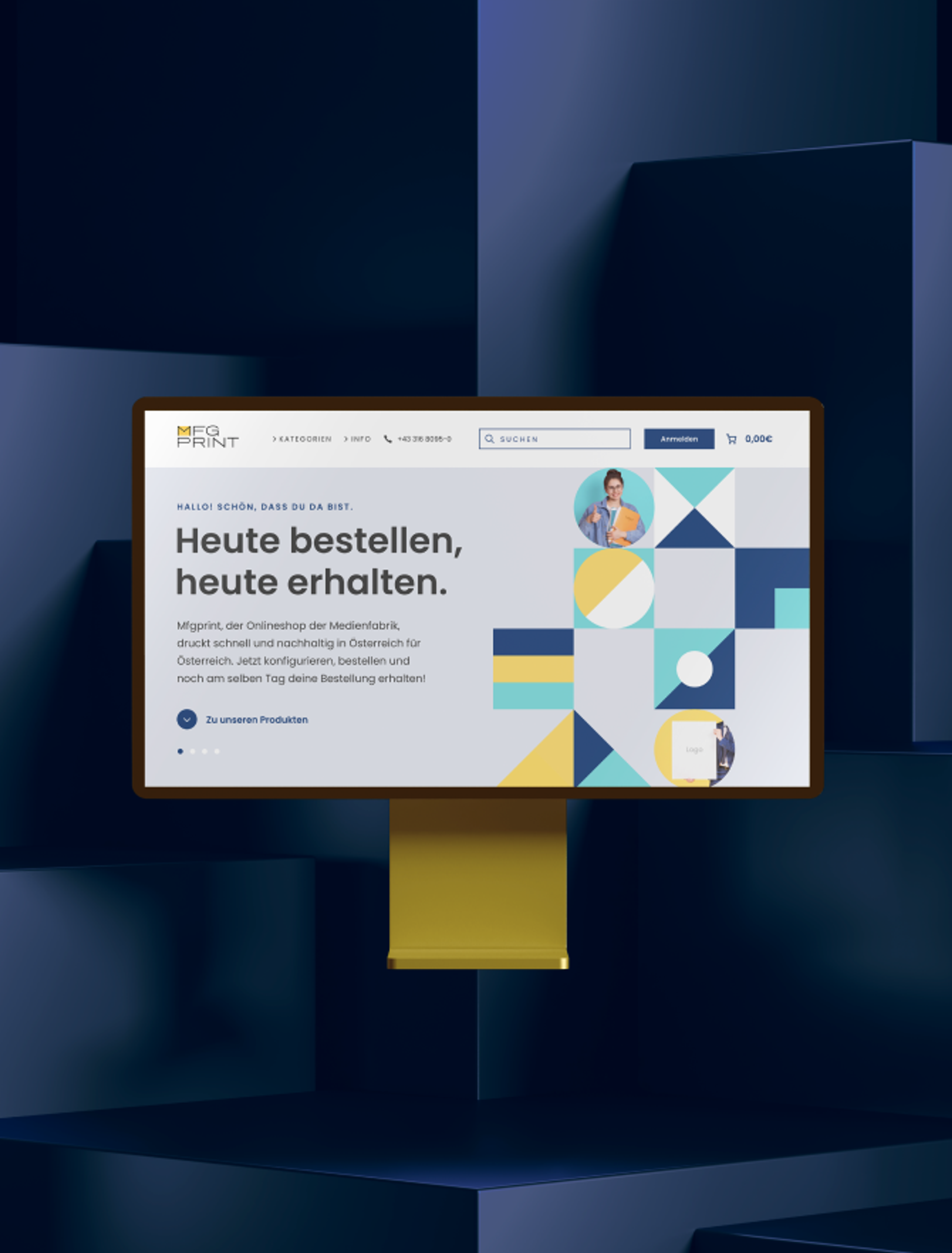 Desktop-Ansicht der MFG Print Homepage mit dem Slogan 'Heute bestellen, heute erhalten'.
