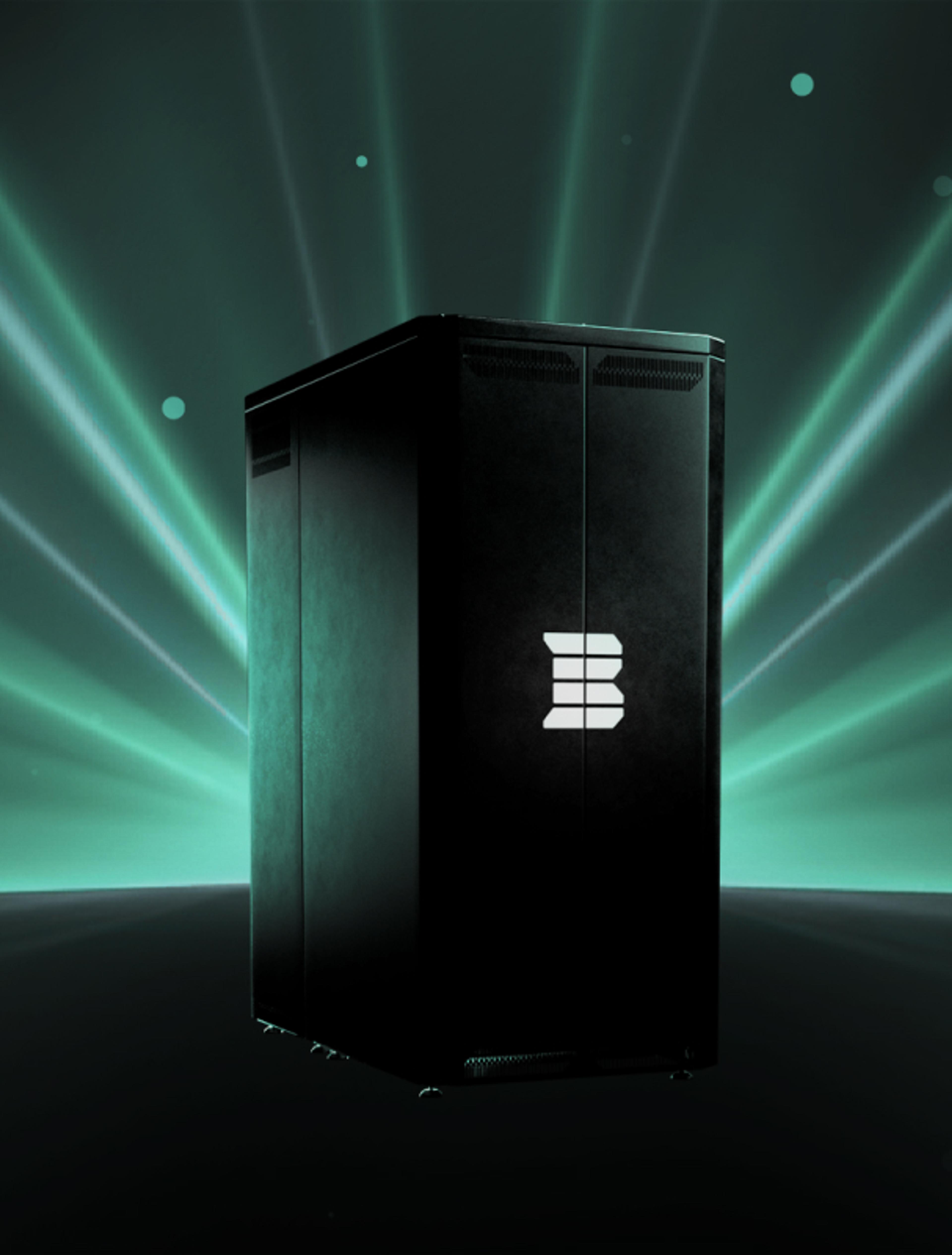 Schwarzer Batteriespeicher von Buron Energy Solutions mit leuchtendem Logo und grünem Lichteffekt.