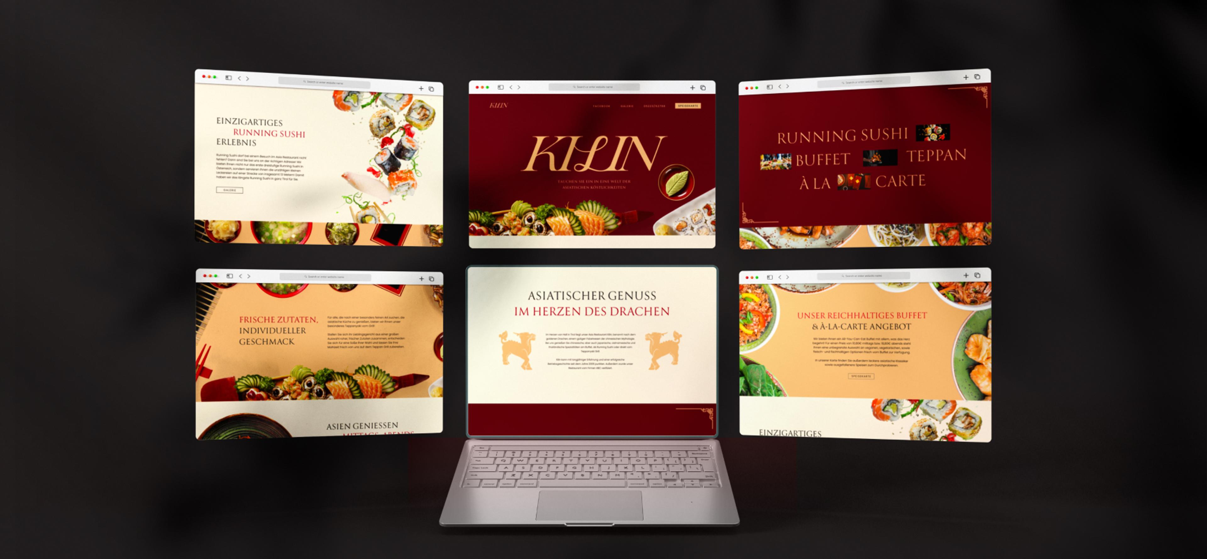 Laptop mit sechs geöffneten Browserfenstern, die das Webdesign des Kilin Restaurants zeigen. Die Designs beinhalten asiatische Motive, Sushi, Buffet-Angebote und das Logo des Restaurants in Rot- und Goldtönen.