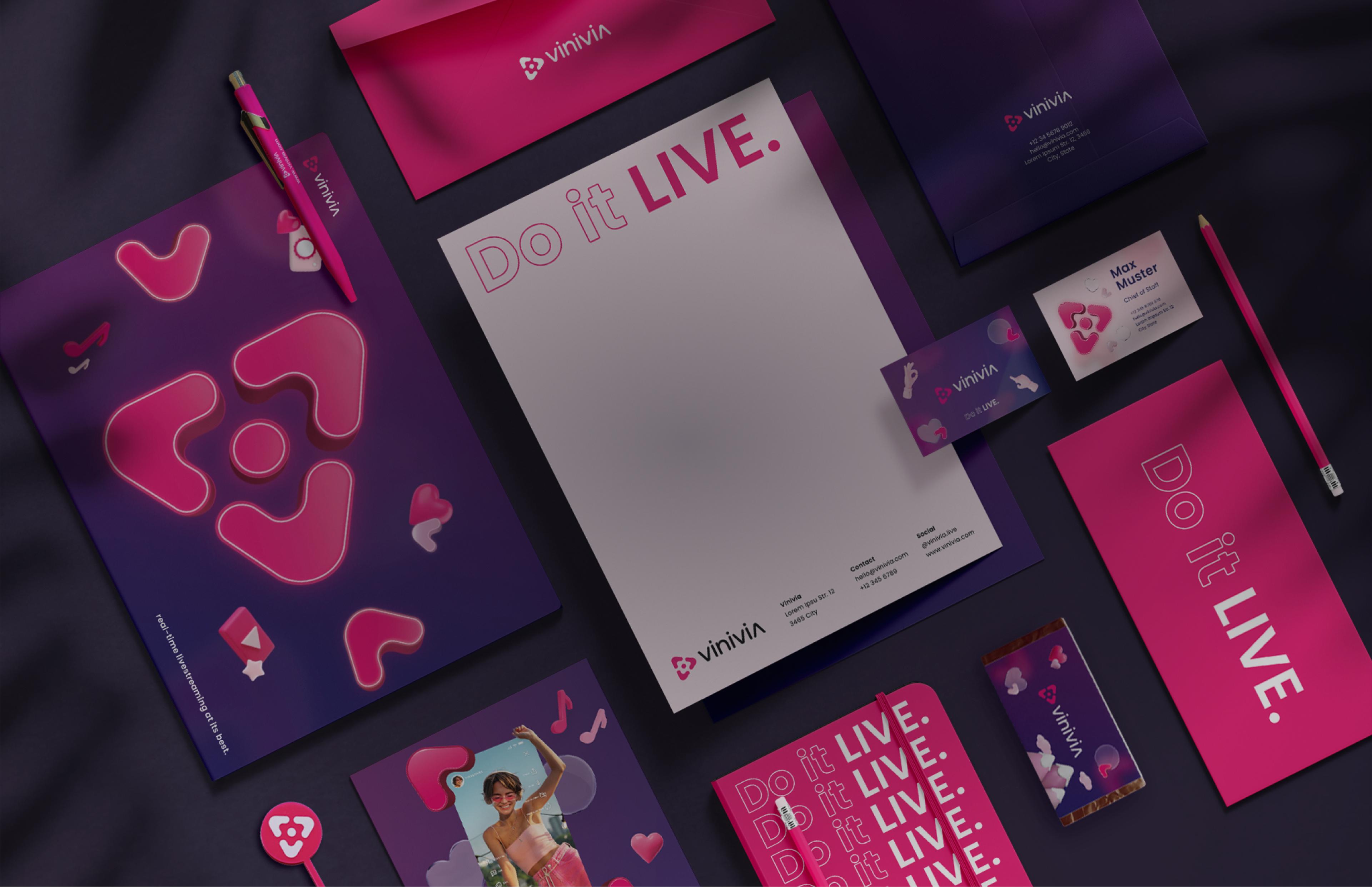 Logo, Branding, Stationery Design für Vinivia mit Slogan "Do it LIVE" für Livestreaming Plattform