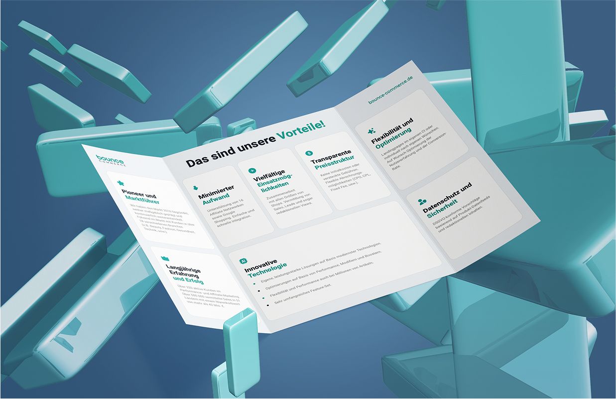 Dynamische 3D-Darstellung einer Produktbroschüre für Bounce Commerce, mit modernem, strukturiertem Layout und Branding-Farben.