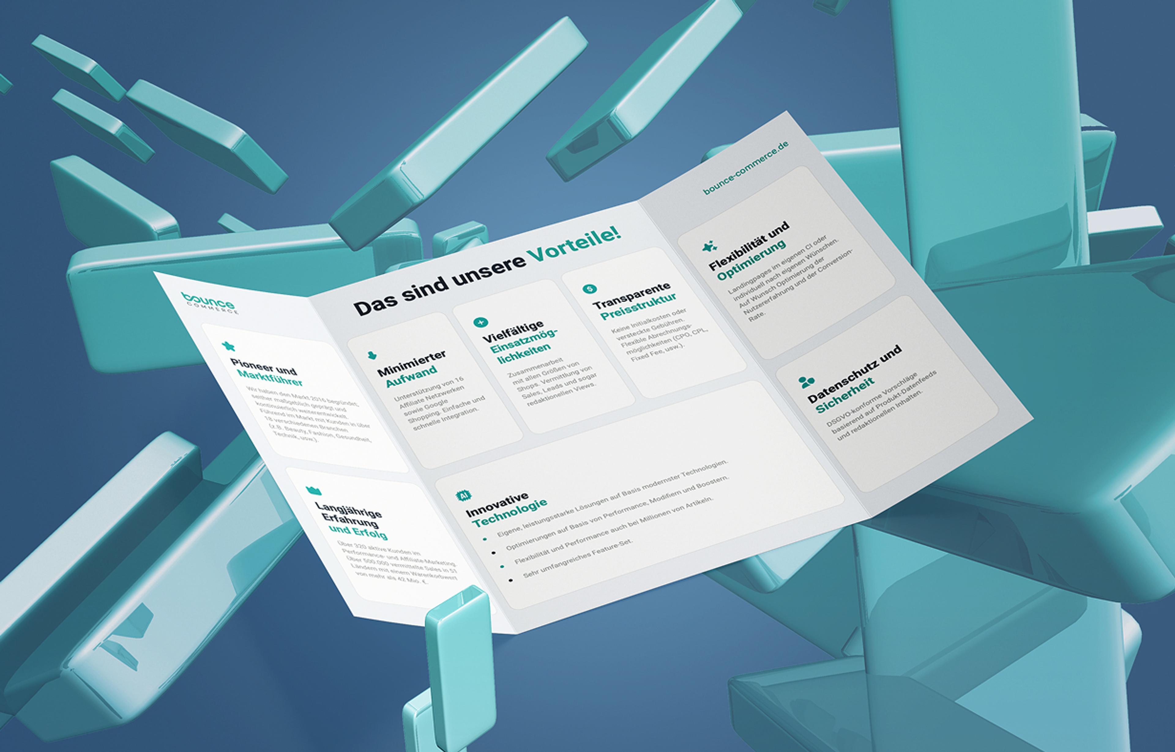 Dynamische 3D-Darstellung einer Produktbroschüre für Bounce Commerce, mit modernem, strukturiertem Layout und Branding-Farben.