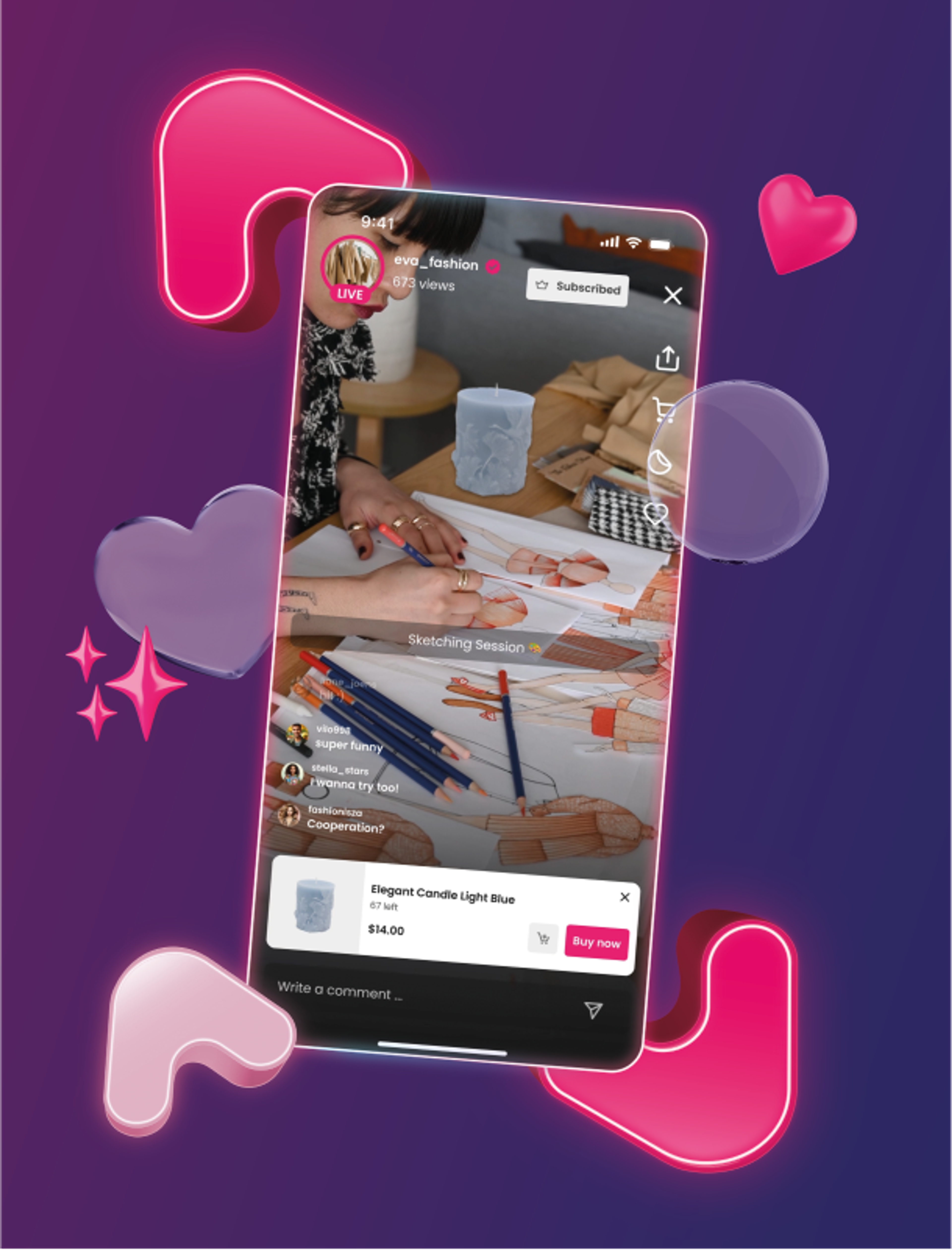 Vinivia-App bietet Live-Shopping-Erlebnisse mit einem Livestream, der Produkte zeigt, umgeben von kreativen 3D-Design-Elementen – Unerwartet Design