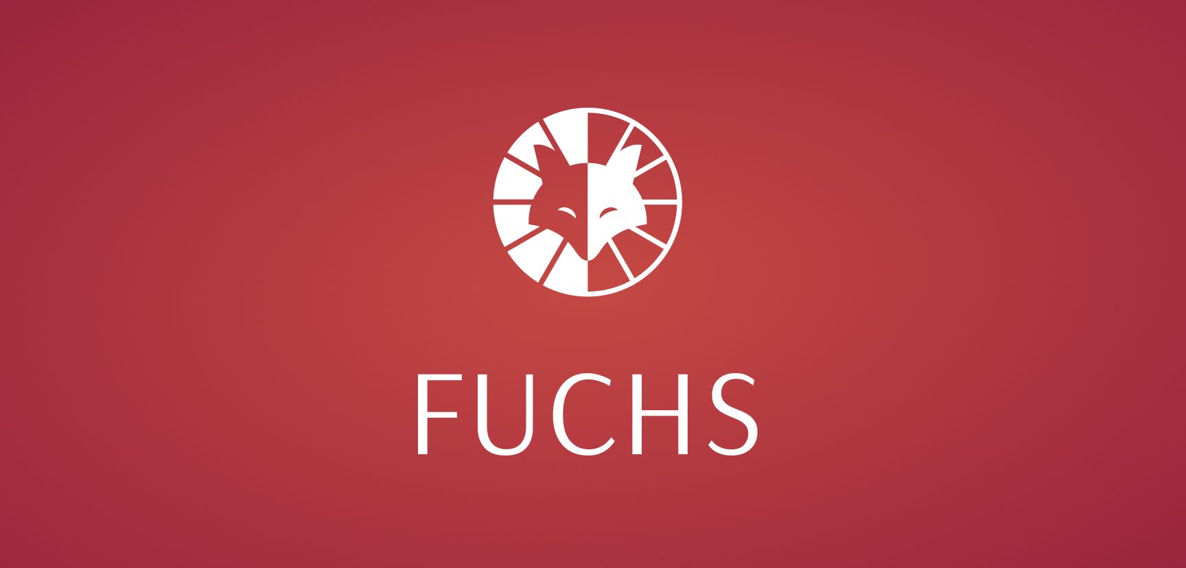 Eine moderne, minimalistische Version des Fuchs-Logos mit einem weißen Fuchs-Kopf in einem runden, segmentierten Kreis. Darunter der Schriftzug „FUCHS“ in einer schlichten, eleganten Schrift von Unerwartet Design