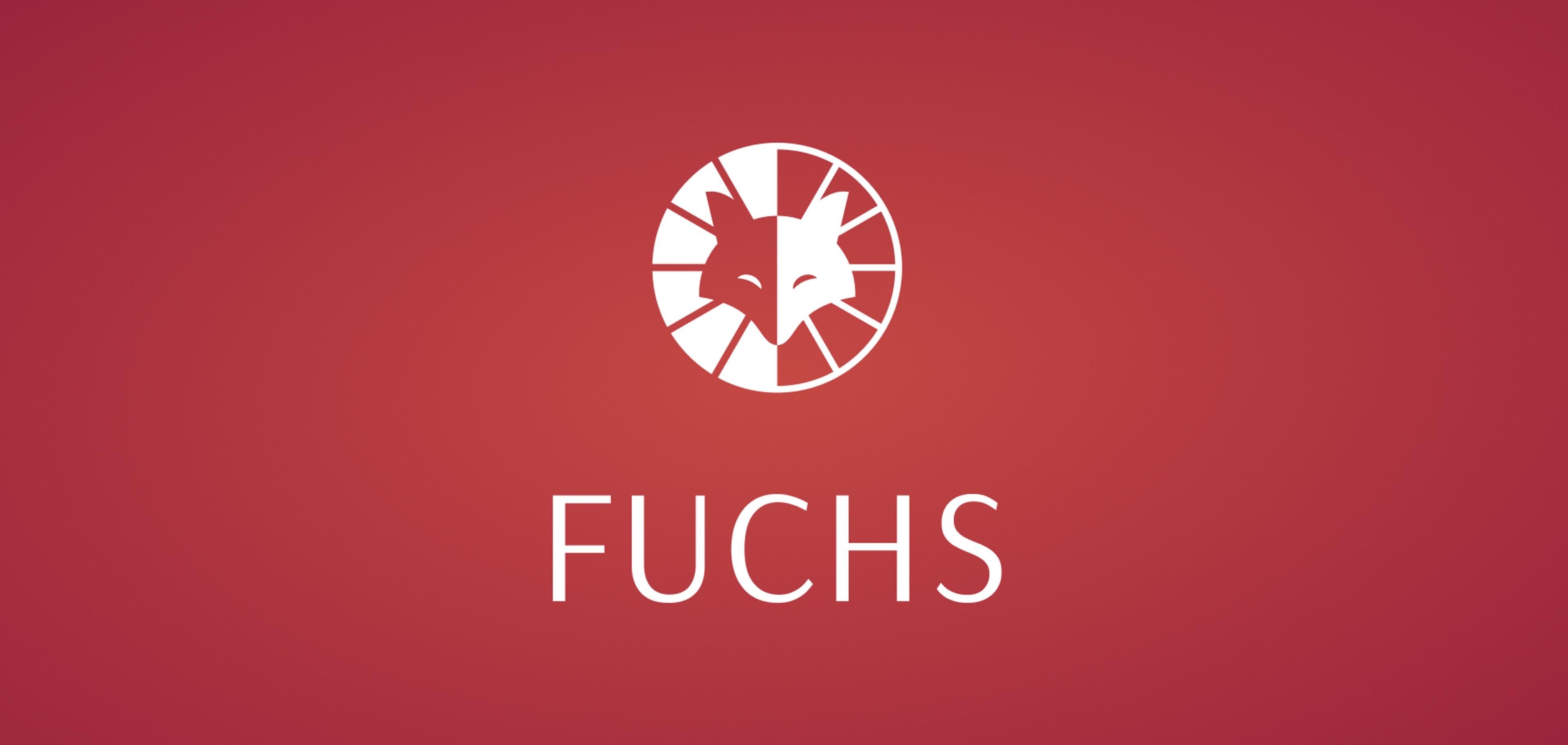 Eine moderne, minimalistische Version des Fuchs-Logos mit einem weißen Fuchs-Kopf in einem runden, segmentierten Kreis. Darunter der Schriftzug „FUCHS“ in einer schlichten, eleganten Schrift von Unerwartet Design