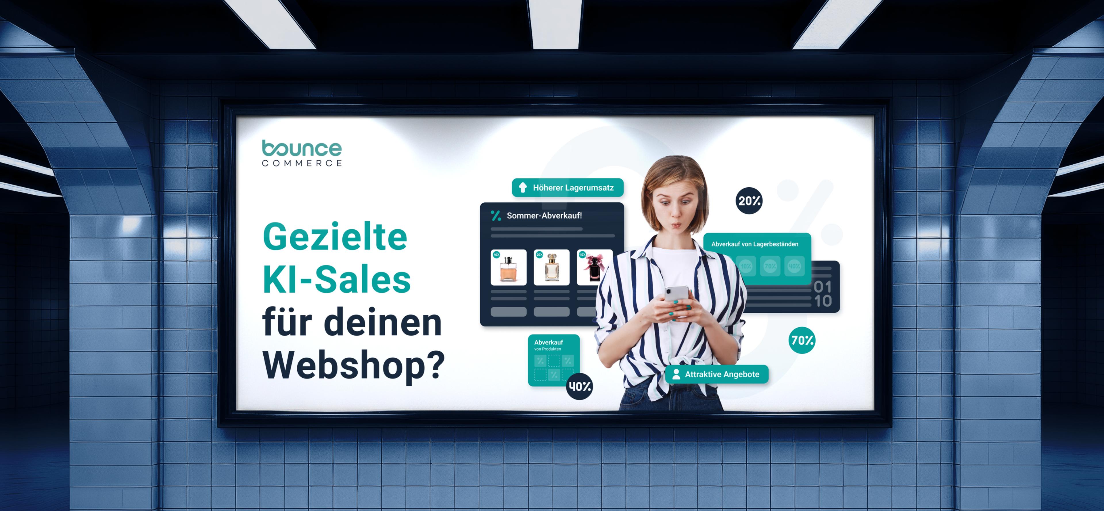 Digitales Werbedesign für Bounce Commerce, präsentiert in einer U-Bahn-Station, mit Fokus auf KI-gestützte Verkaufsoptimierung und personalisierte Produktempfehlungen.