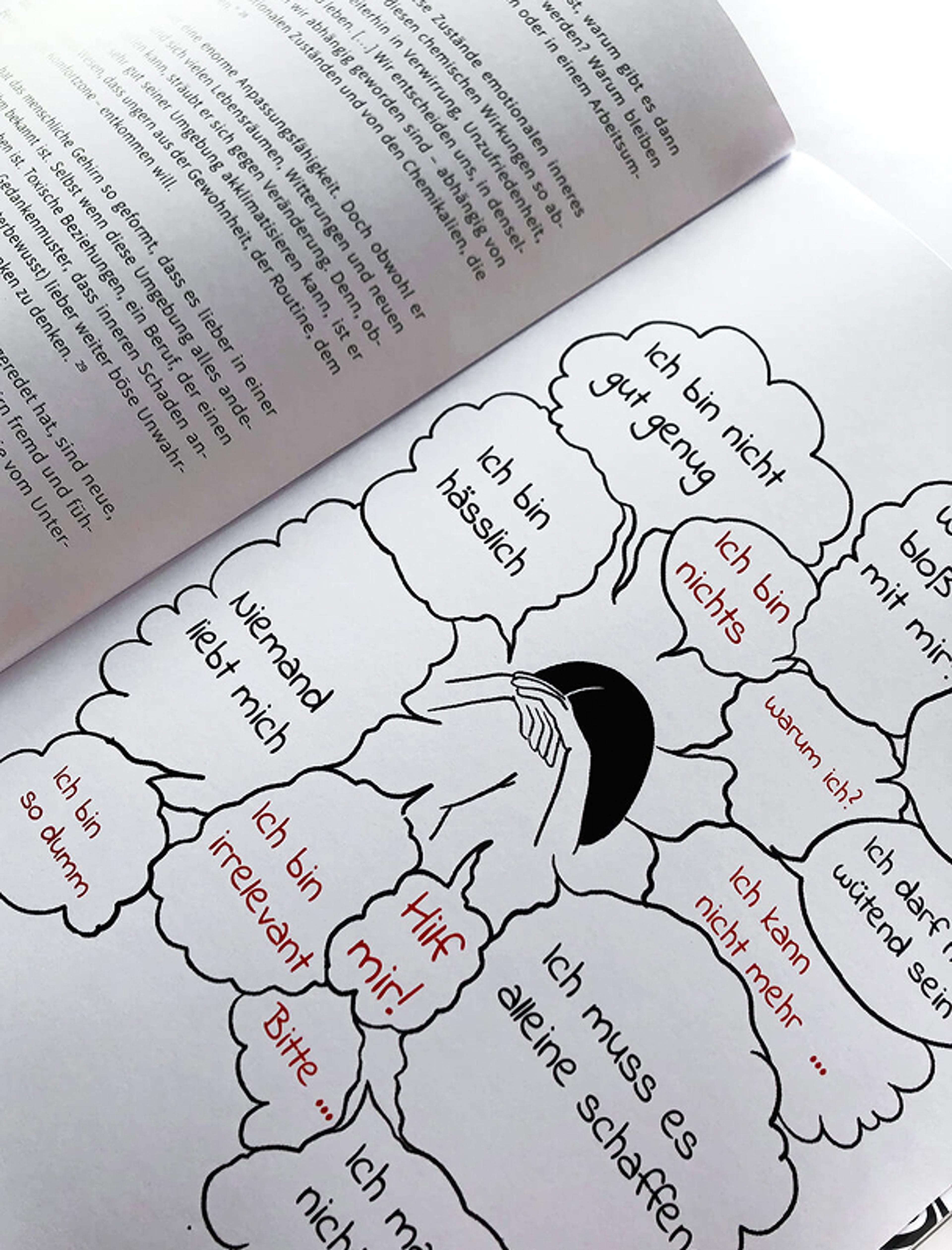 Eine Schwarz-Weiß-Zeichnung zeigt eine Person, die ihr Gesicht in den Händen verbirgt, umgeben von Gedankenblasen mit Aussagen wie „Ich bin nicht gut genug“ und „Niemand liebt mich“. Thematisierung psychischer Belastungen.