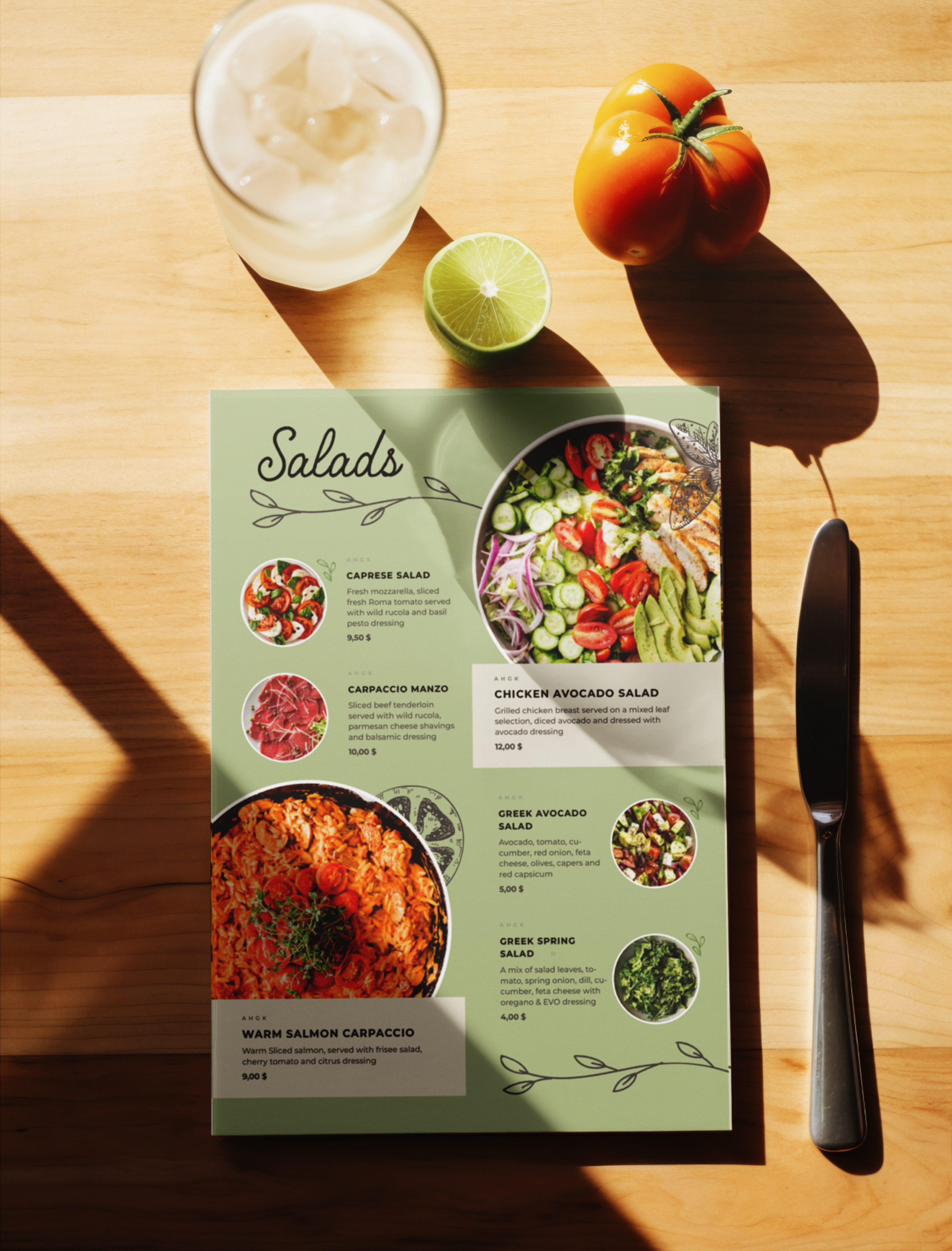 Menü mit Salatgerichten von Bacino, stilvoll auf einem Tisch präsentiert, ergänzt durch mediterrane Designs.