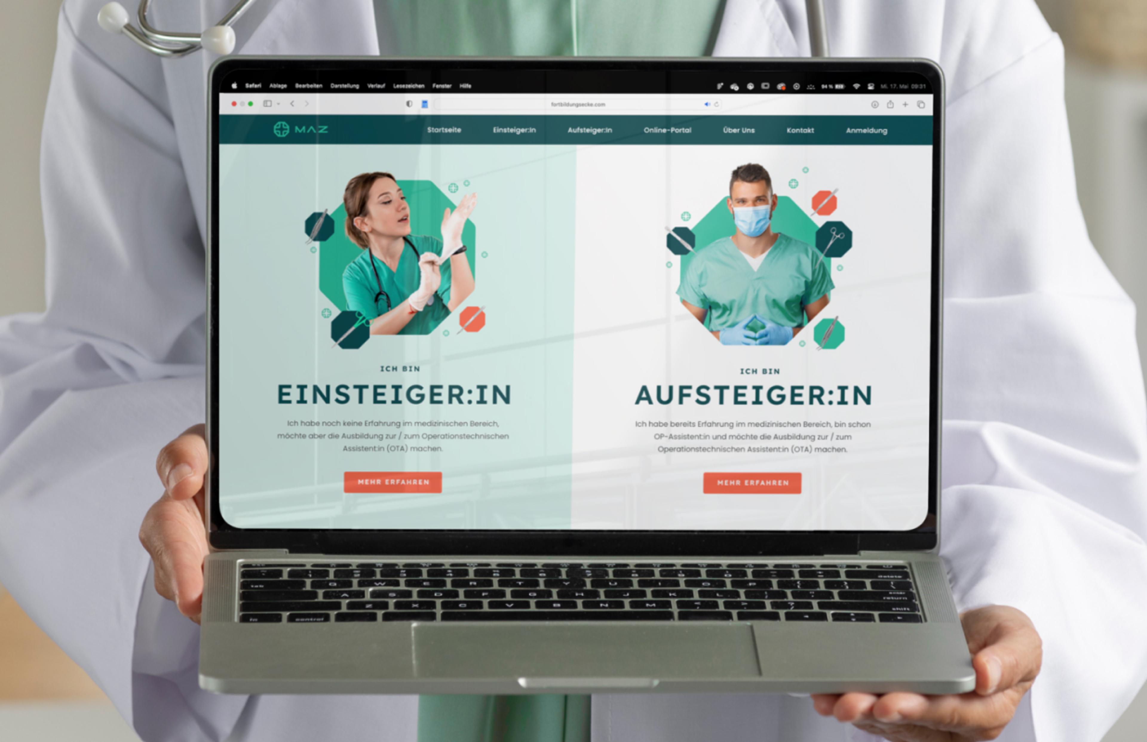 Laptop mit der MAZ-Webseite für Einsteiger:innen & Aufsteiger:innen. Digitales Branding & UX-Design für Bildungsangebote.