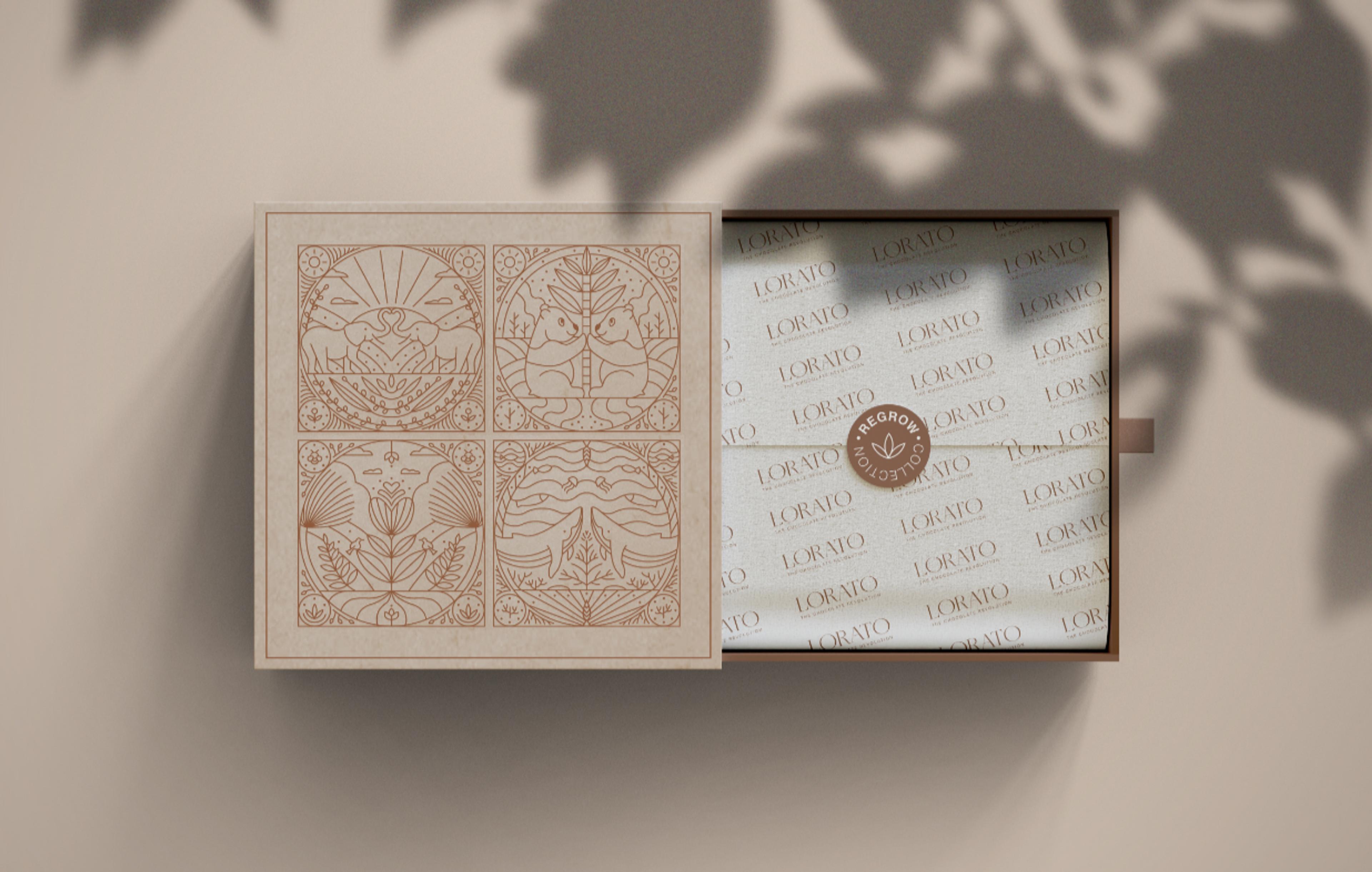 Lorato Geschenkbox mit vier einzigartigen Schokoladenmotiven, stilvoll präsentiert mit gebrandetem Seidenpapier. Hochwertiges Packaging-Design mit Charity-Engagement.