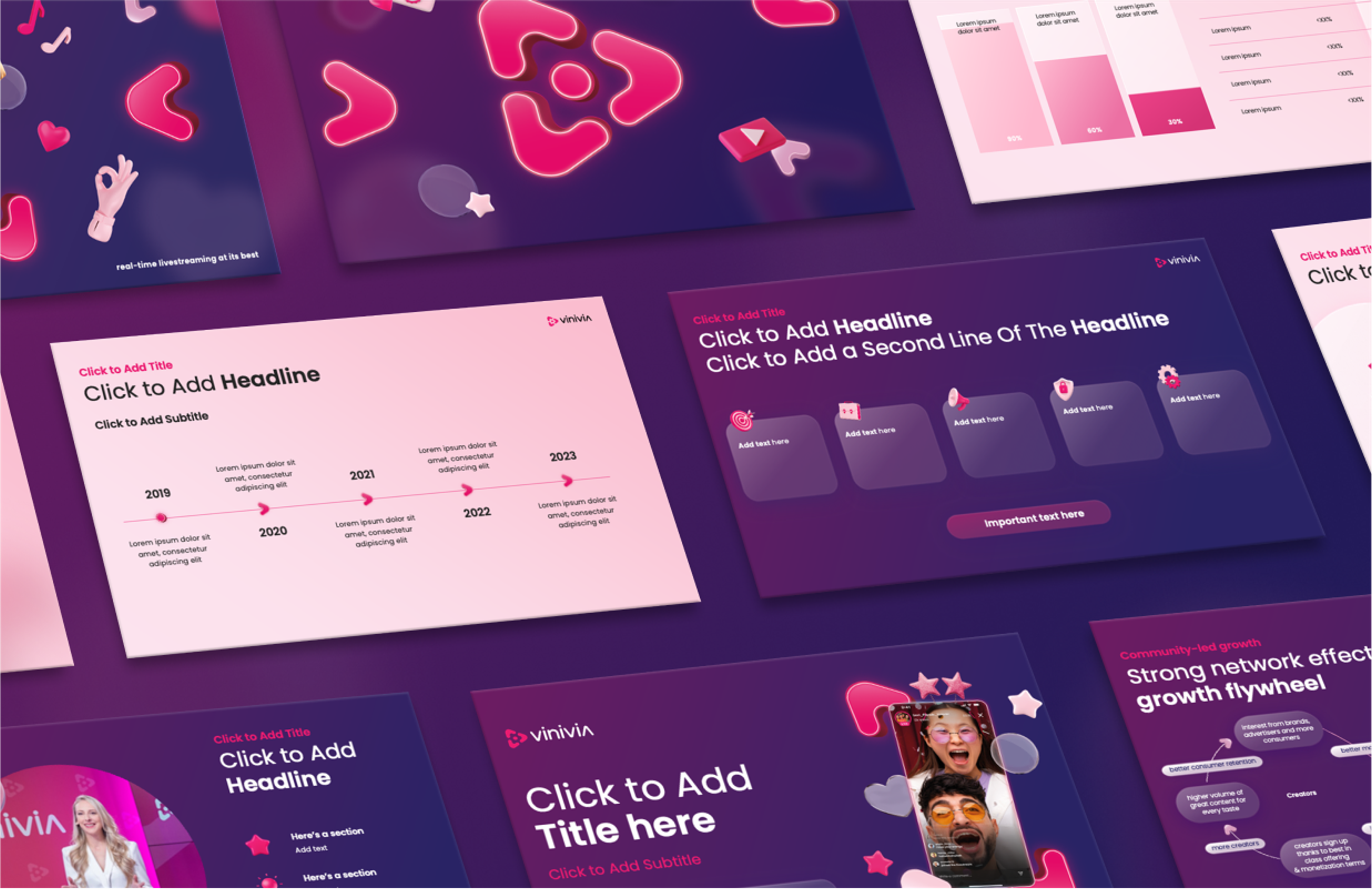 Markenkonforme PowerPoint-Vorlagen für Vinivia, mit individualisierbaren Elementen, zeitleistenbasierten Präsentationen und dynamischen Slide-Layouts – Unerwartet Design