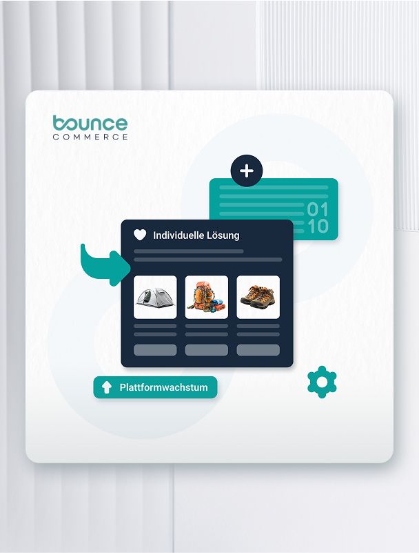 Illustration einer KI-gestützten Produktempfehlung von Bounce Commerce mit Outdoor-Artikeln, dargestellt als interaktive Shop-Vorschläge für E-Commerce-Plattformen.