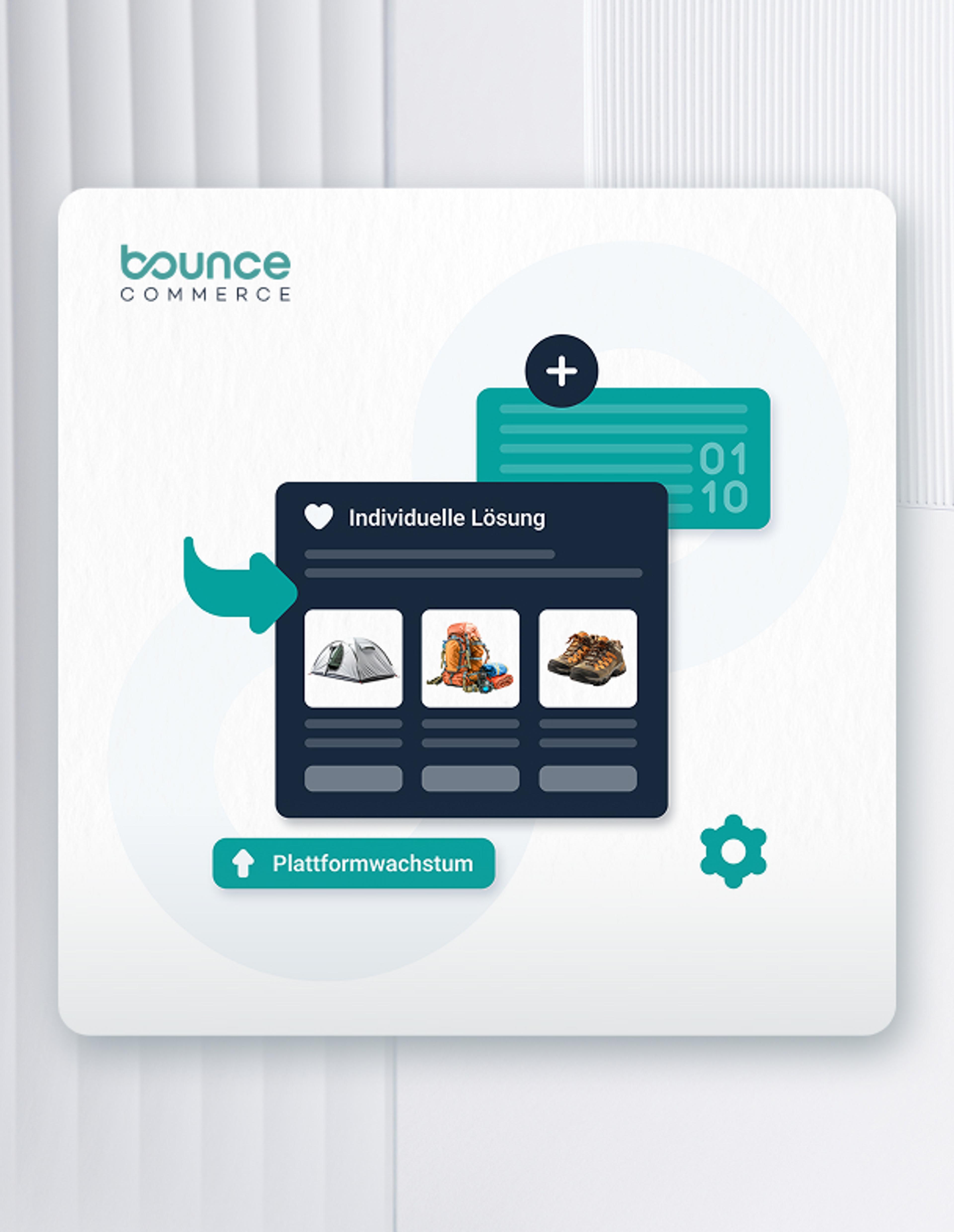 Illustration einer KI-gestützten Produktempfehlung von Bounce Commerce mit Outdoor-Artikeln, dargestellt als interaktive Shop-Vorschläge für E-Commerce-Plattformen.