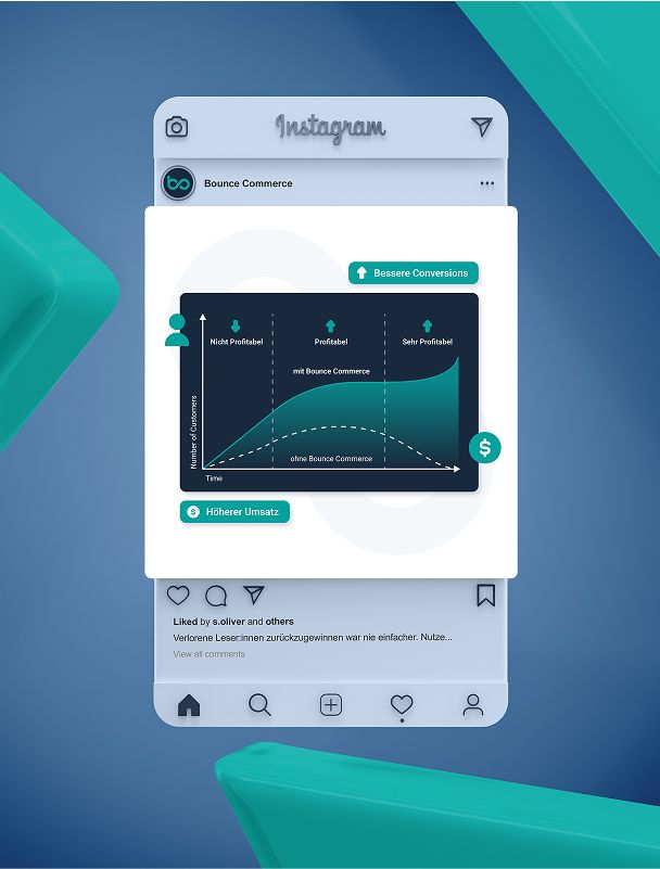 Instagram-Post von Bounce Commerce mit einem Diagramm zur Umsatzsteigerung und verbesserten Conversion-Raten durch KI-gestützte Kundenbindung.