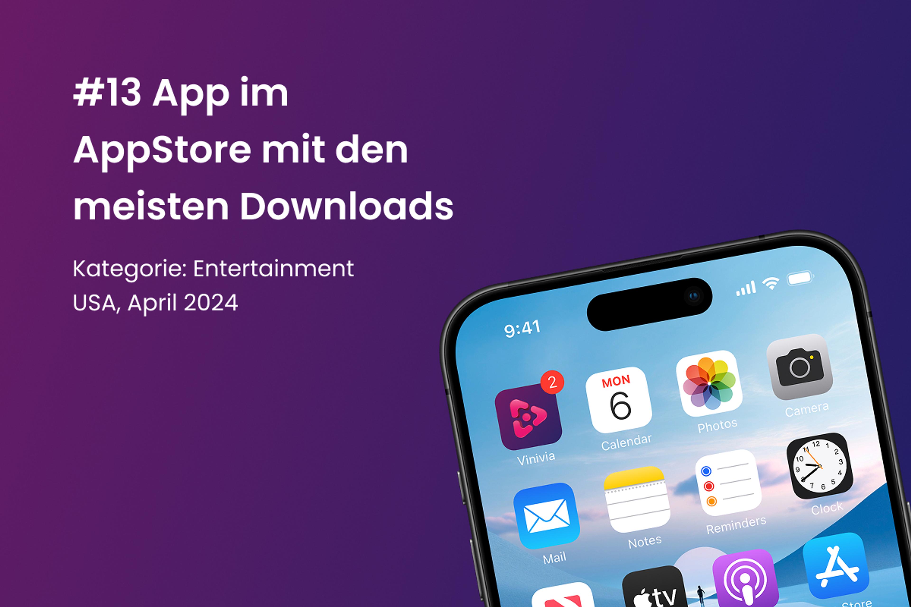 Vinivia App auf Platz 13 im AppStore mit den meisten Downloads in den USA im April 2024
