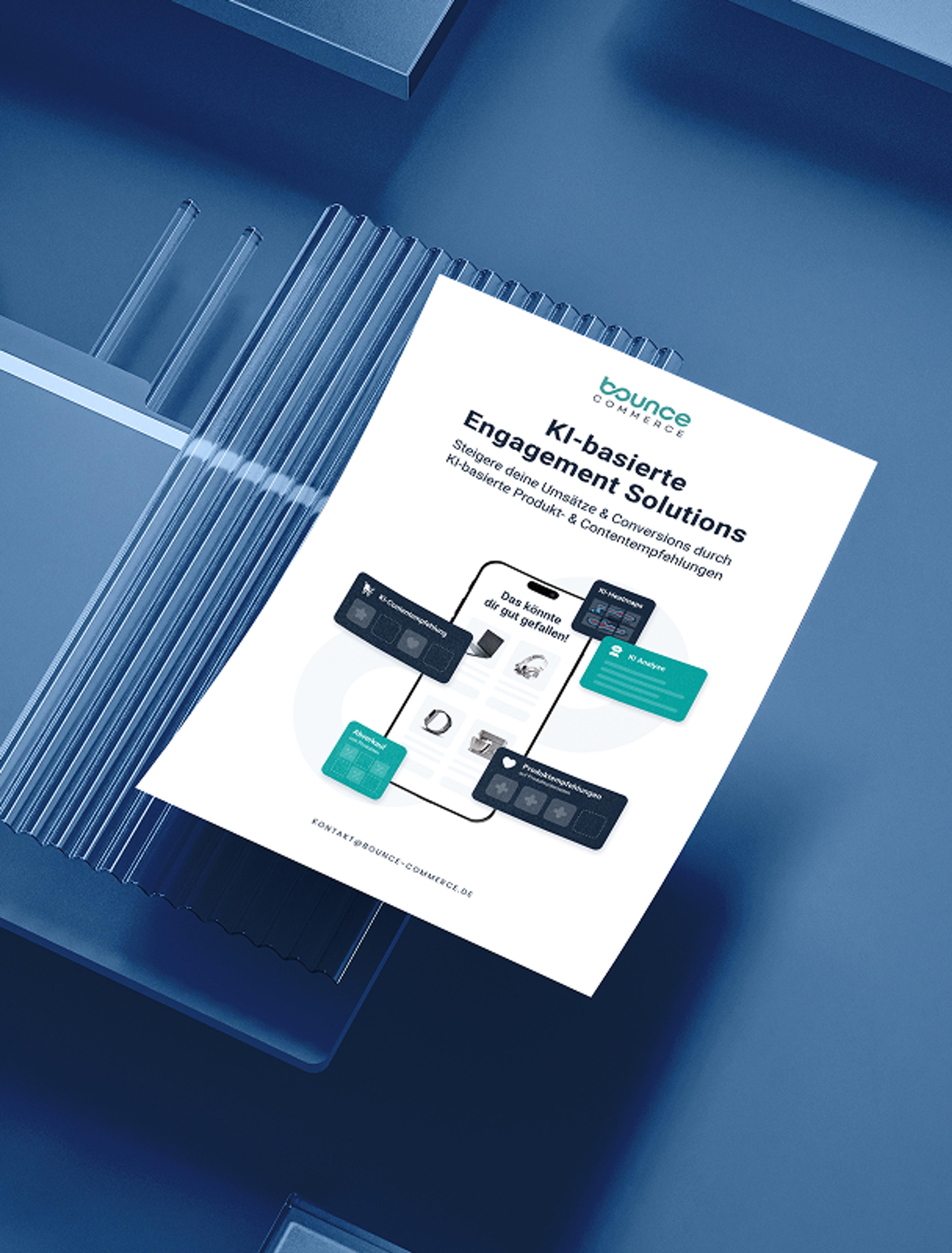 Printdesign für Bounce Commerce, mit einer Broschüre, die KI-gestützte Engagement-Lösungen für E-Commerce optimiert beschreibt.