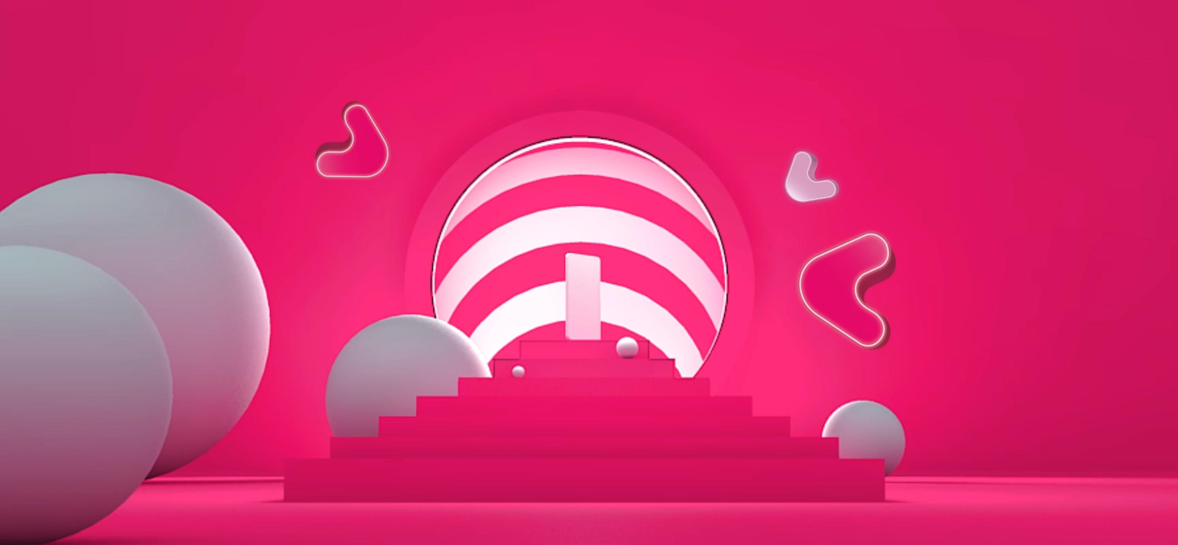 Pink Vinivia App Screen Design mit rosa Bällen, Kugeln und pinken 3D Elementen