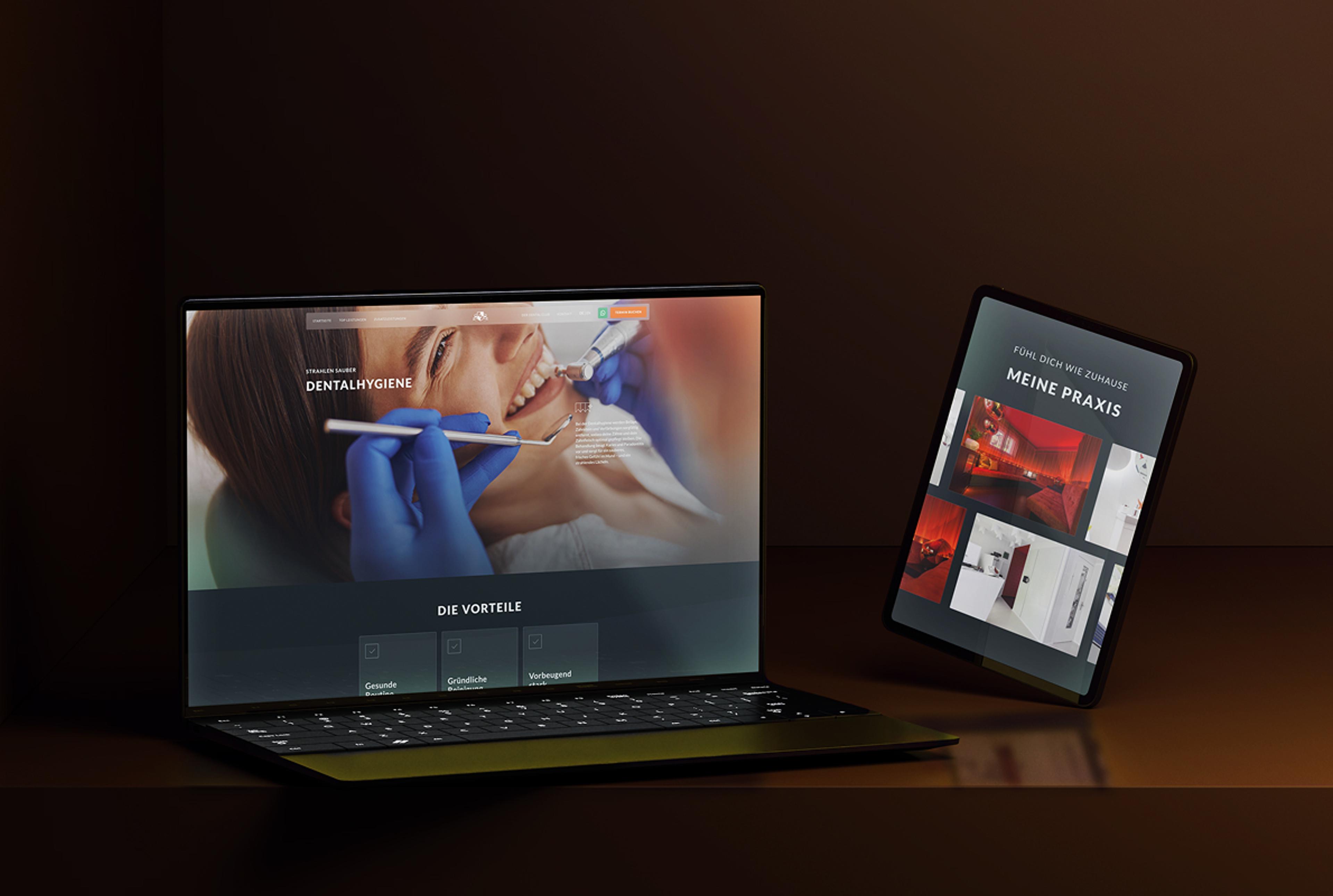 Laptop und Tablet zeigen das Responsive Webdesign von Dental Club, gestaltet von Unerwartet Design