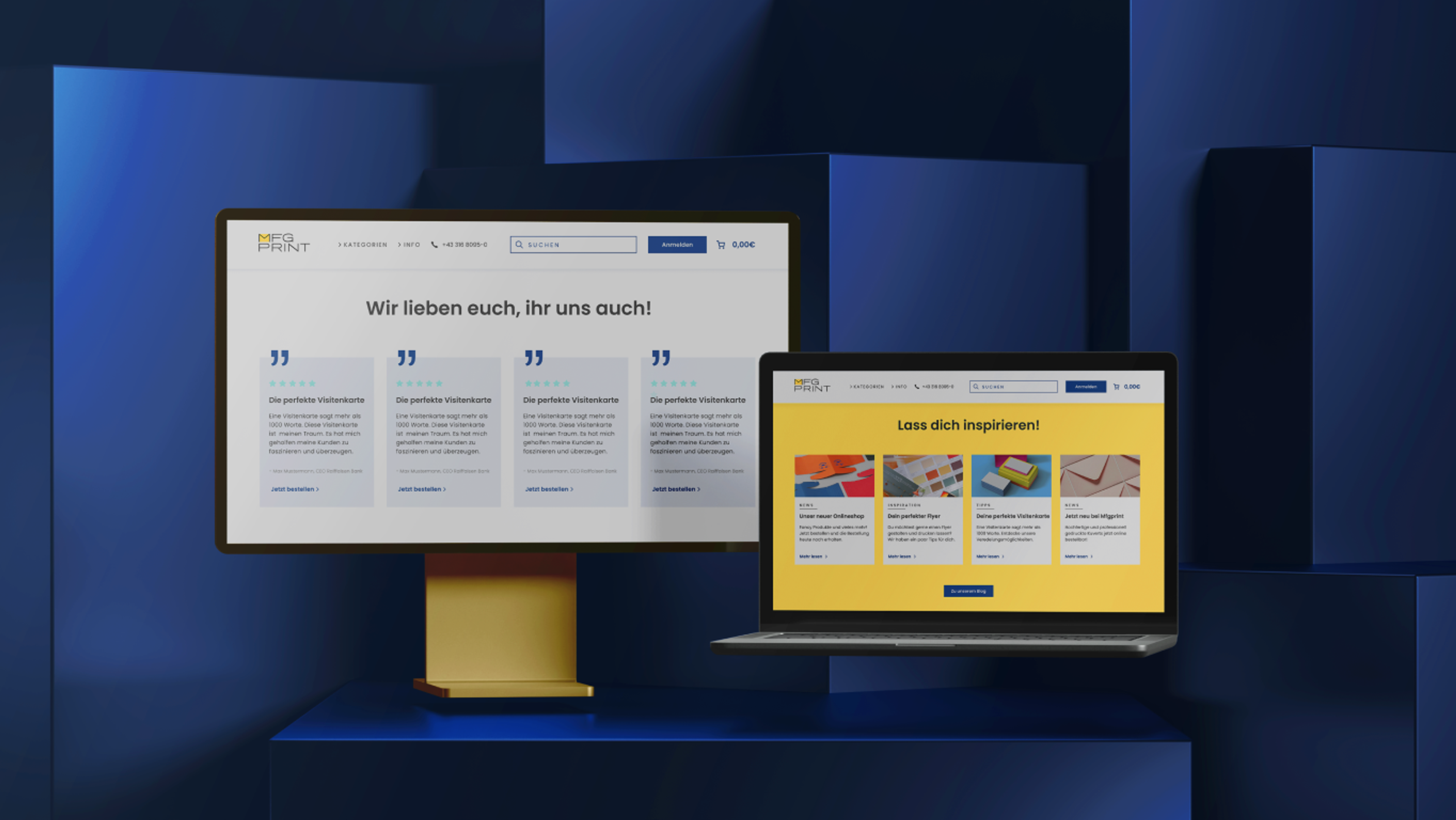 Darstellung von Kundenbewertungen und Inspirationsideen auf der MFG Print Website.