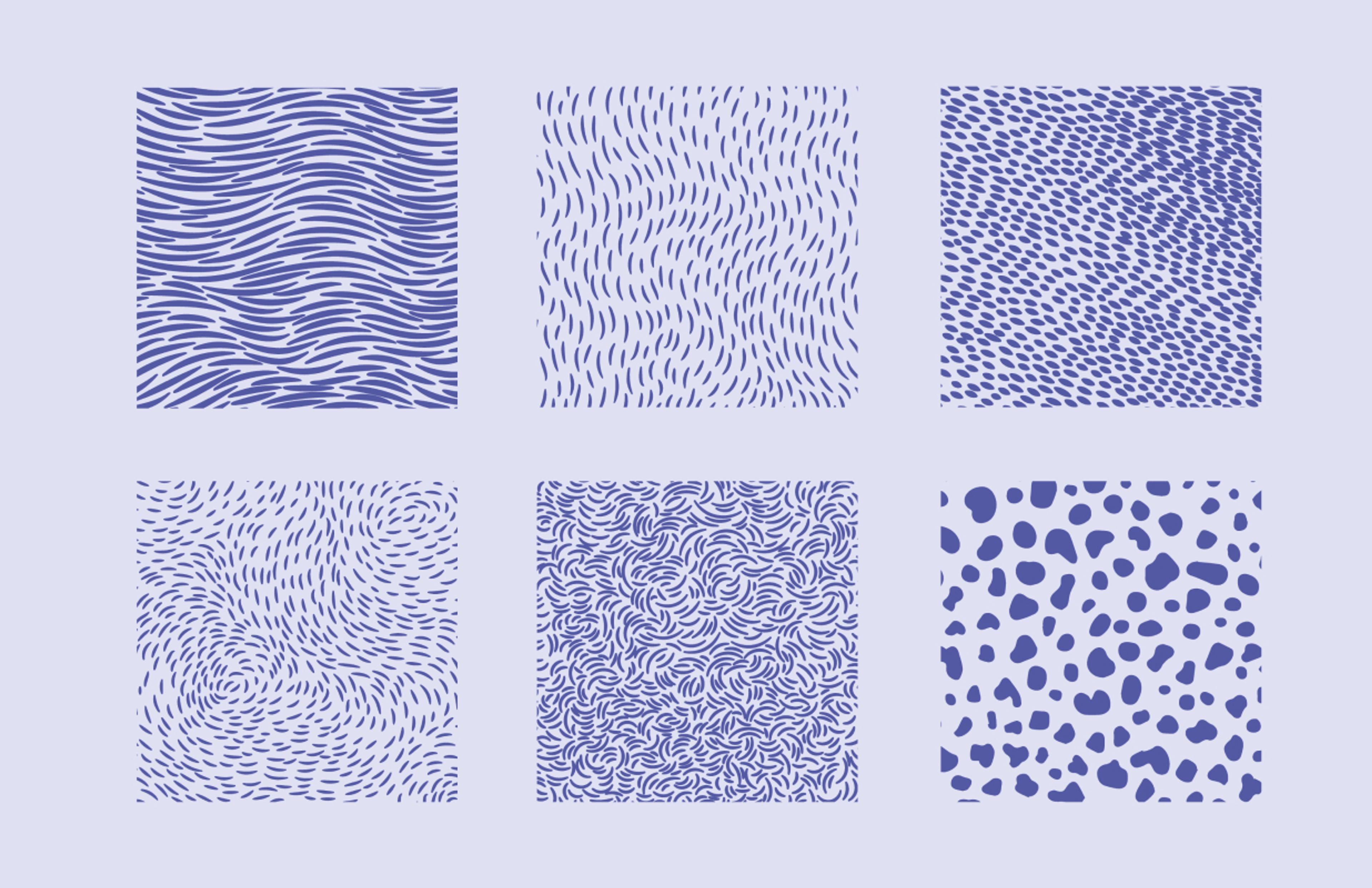 Sechs individuell gestaltete Muster in Lilatönen, inspiriert von Fellstrukturen und Wolken, Teil des Psie Spanko Brandings von Unerwartet Design Graz