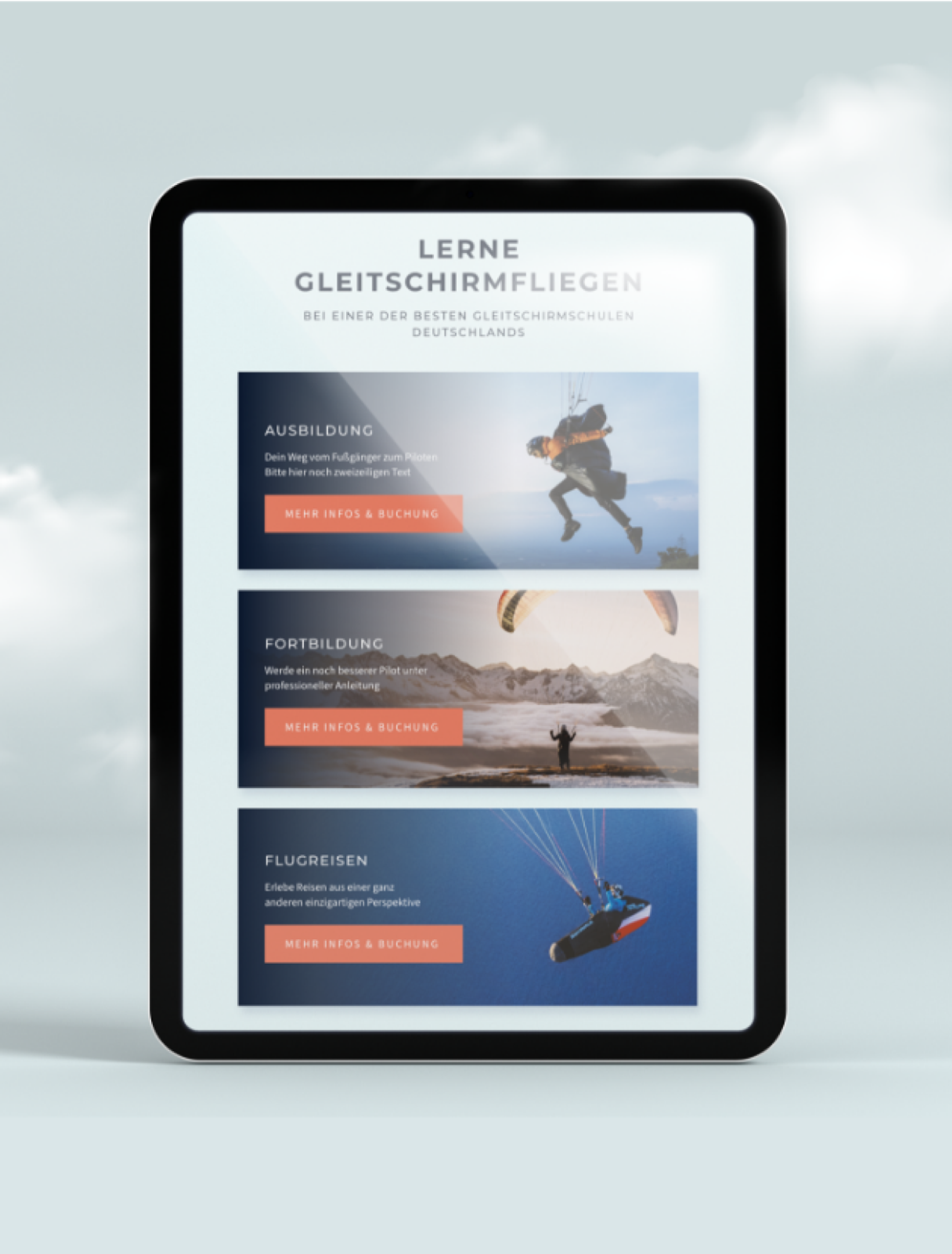 Ausbildungsübersicht der Gleitschirmschule Luftikus, Design von Unerwartet Design, mit Gleitschirmfliegen-Angeboten.