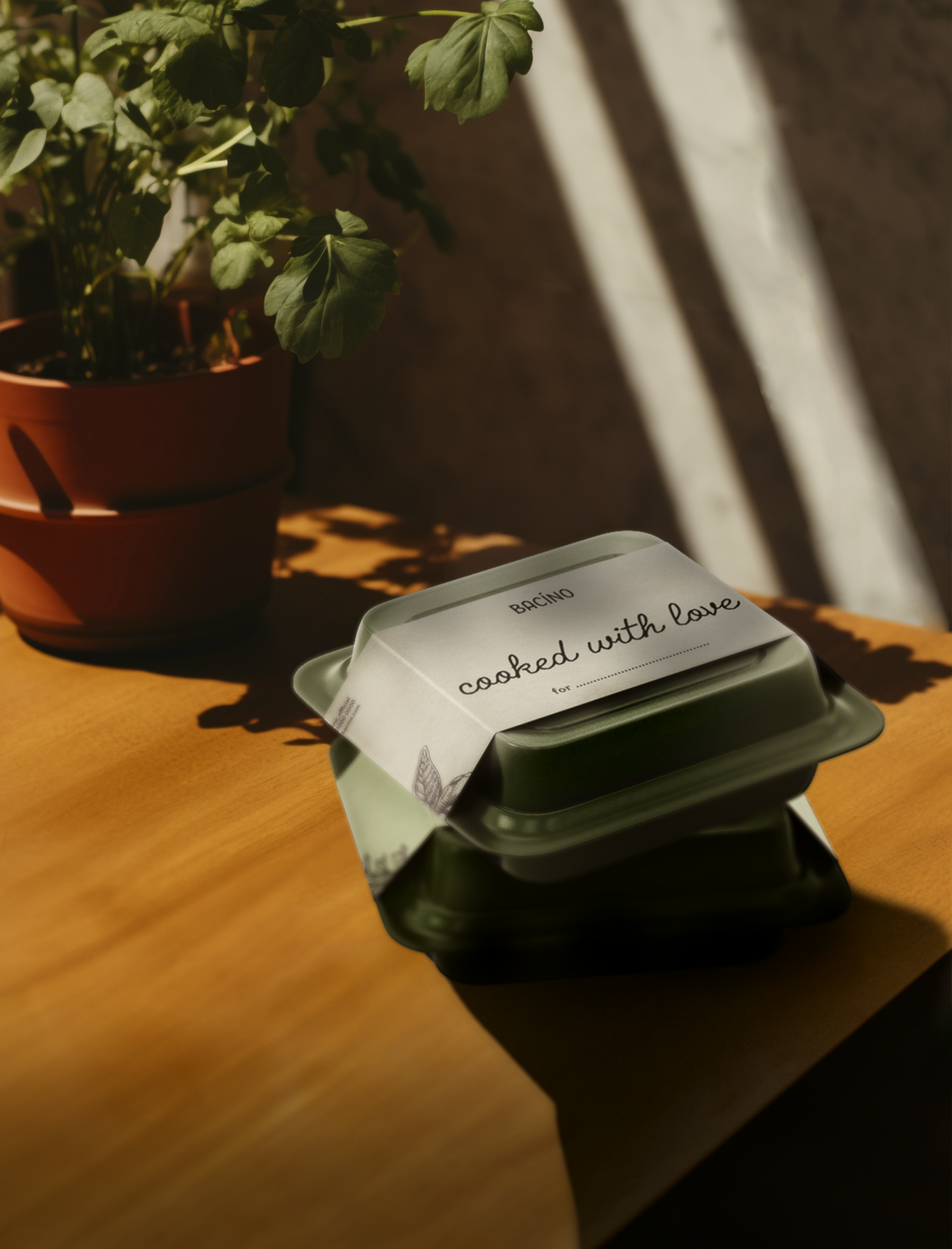 Take-Away Box von Bacino mit mediterranen Illustrationen und dem Schriftzug 'Cooked with love'