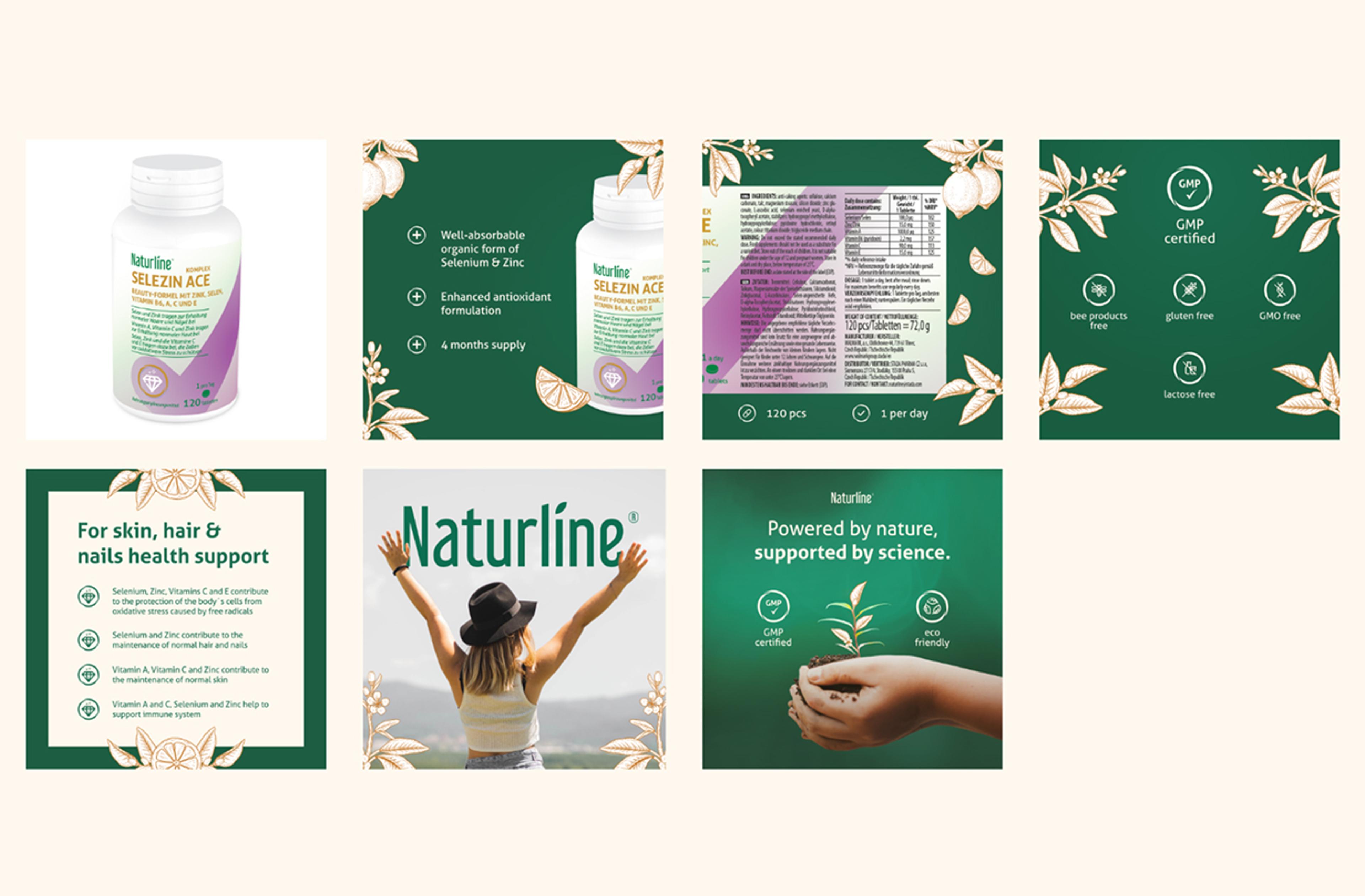 Naturline Selezin ACE Nahrungsergänzung für Haut, Haare und Nägel. Hochwertige Produktbilder, Infografiken mit Inhaltsstoffen, Zertifizierungen und wissenschaftlich belegten Vorteilen.