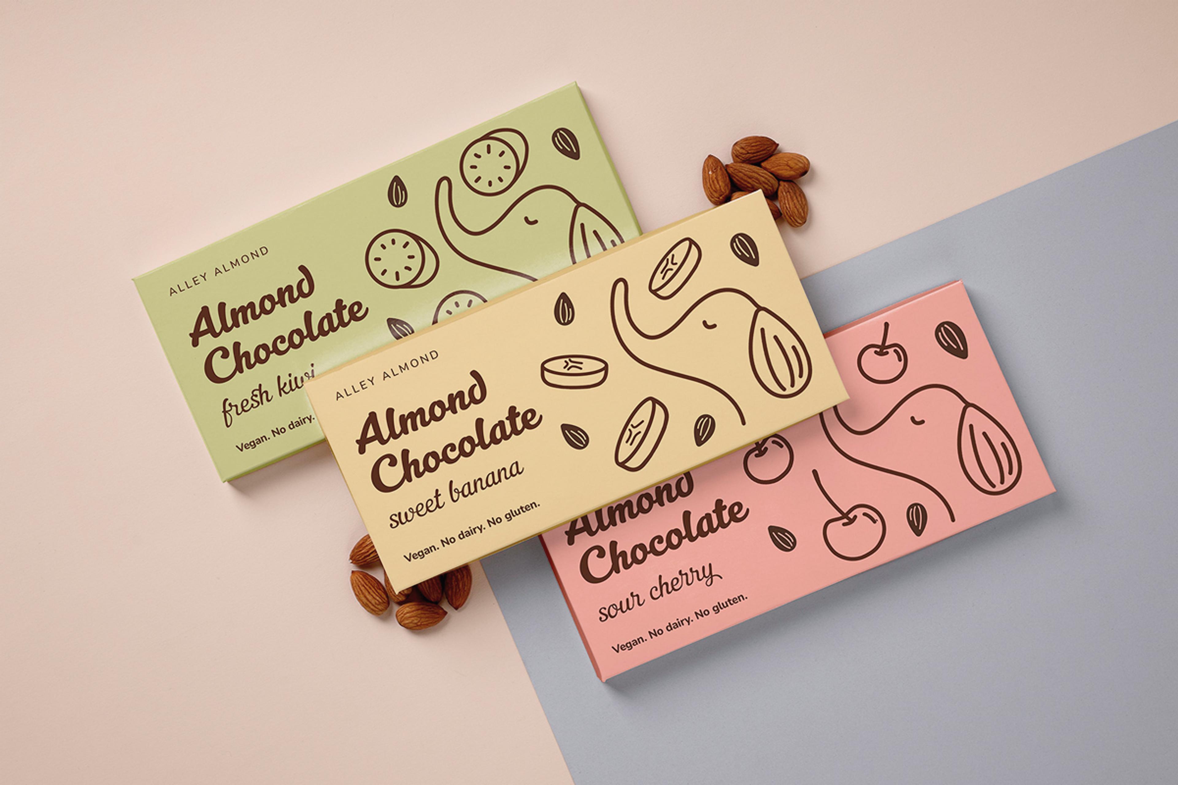Alley Almond Vegan Chocolade mit fresh kiwi, sweet banana und sour cherry Geschmack.