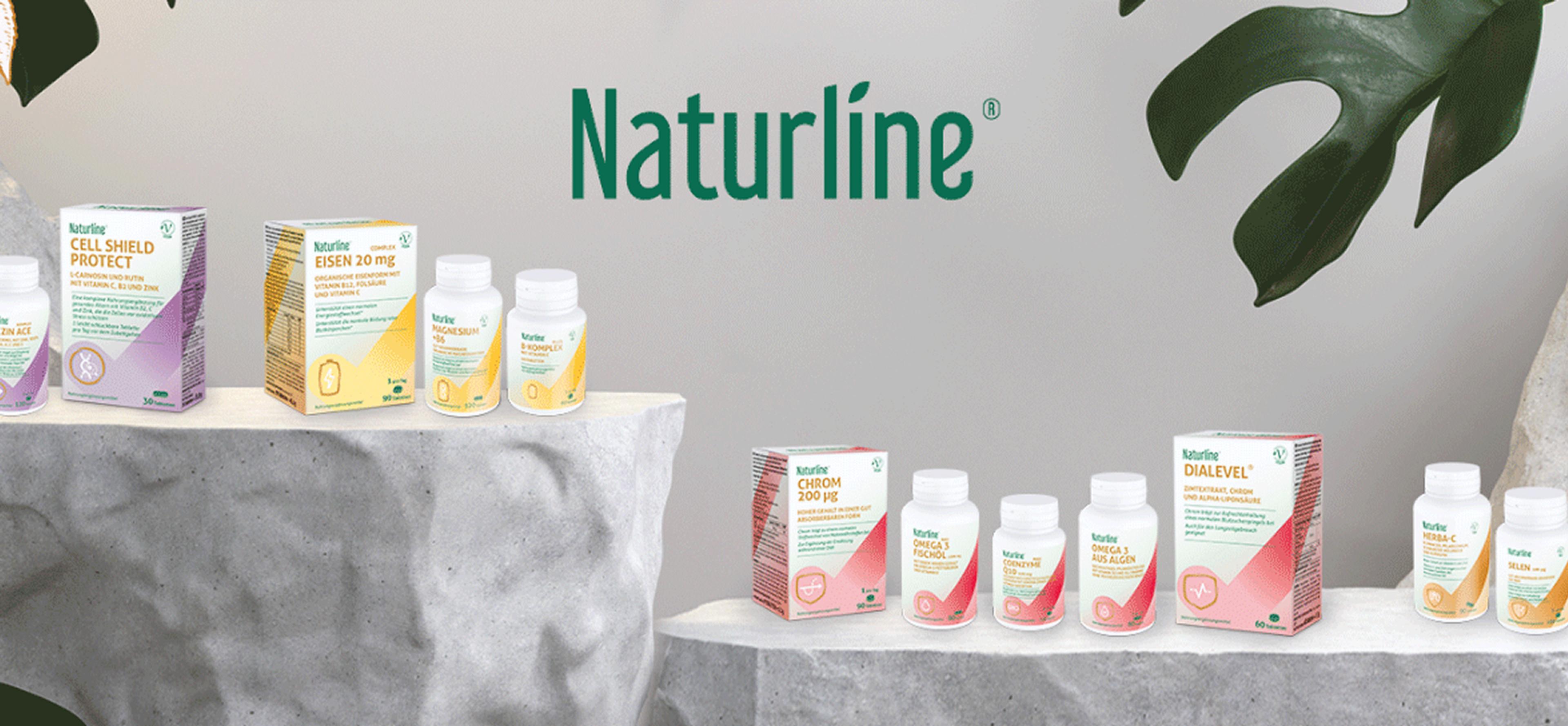 Naturline Produktpräsentation mit Nahrungsergänzungsmitteln für verschiedene Gesundheitsbereiche. Elegantes, natürliches Setting mit Stein- und Pflanzenelementen für eine hochwertige, nachhaltige Markenästhetik.